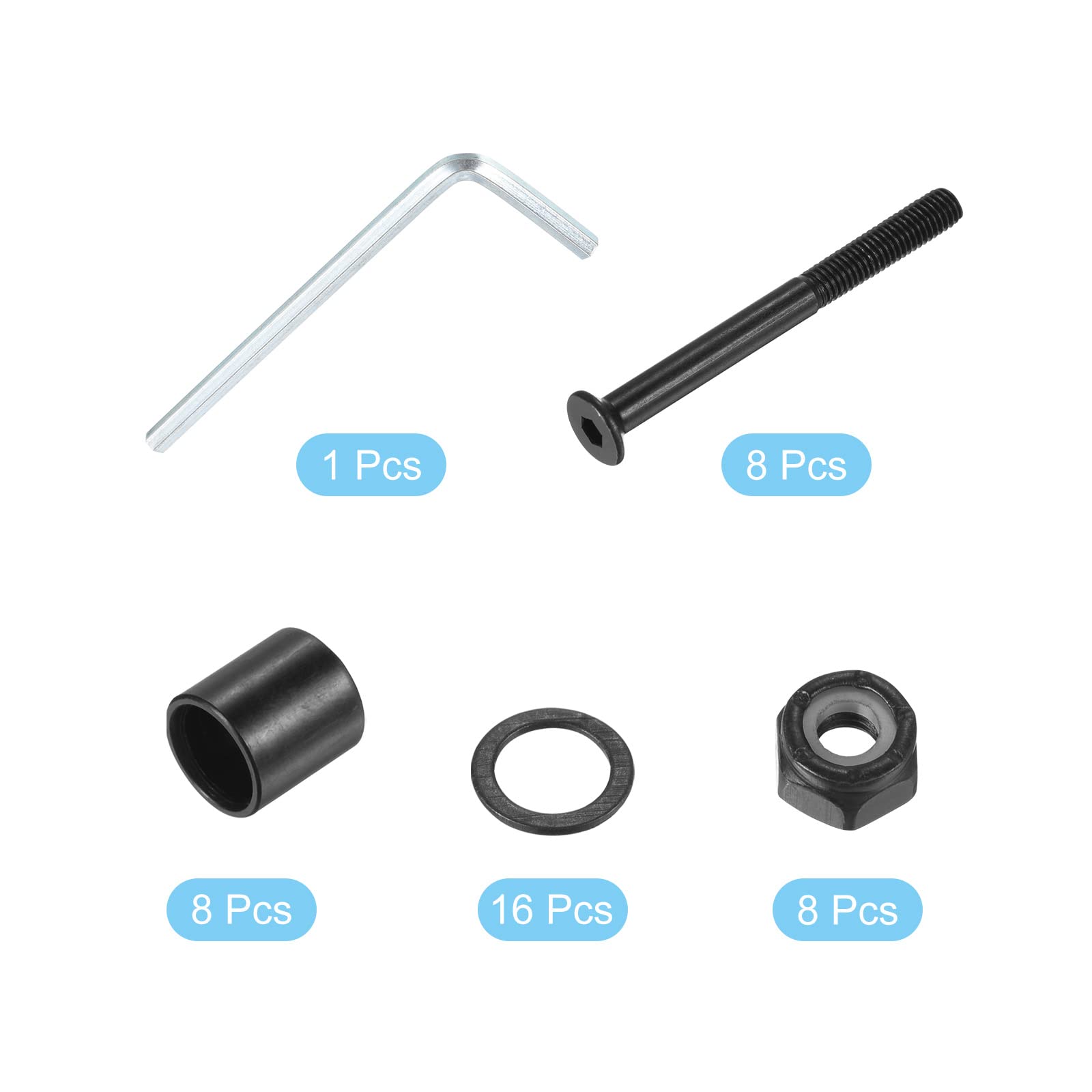PATIKIL Complete Skateboard Hardware Kit - 8 Mounting Screws, Axle Nuts, Hex Key Set with Washers & Spacers for Skateboard Truck & Wheel Assembly | Perfect for DIY Skateboard Repair & Maintenance