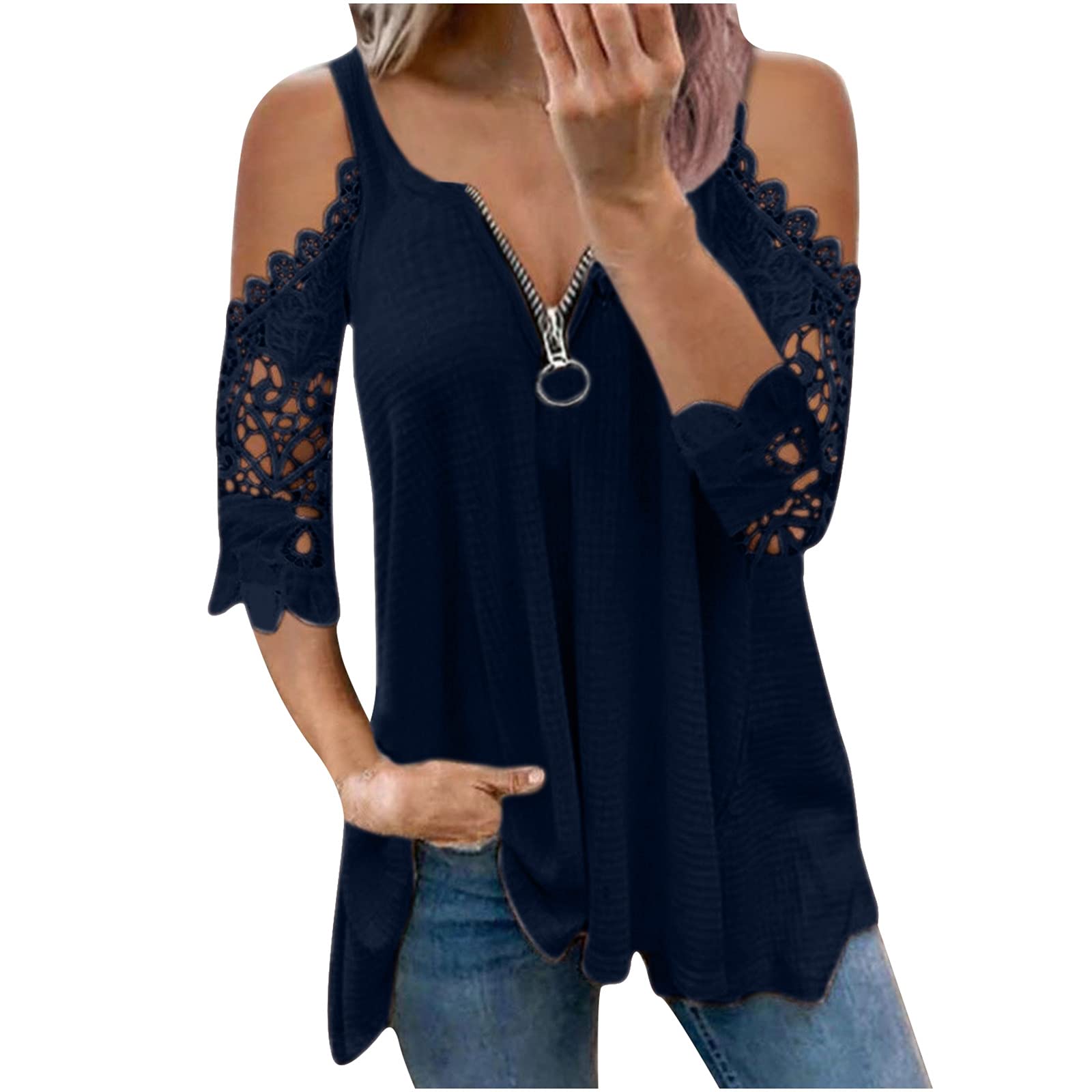 Women's Summer Cold Shoulder Lace Short Sleeve T-Shirt - Casual Loose Waffle Knit V-Neck Zipper Tunic Top for Beach, Vacation & Everyday Wear