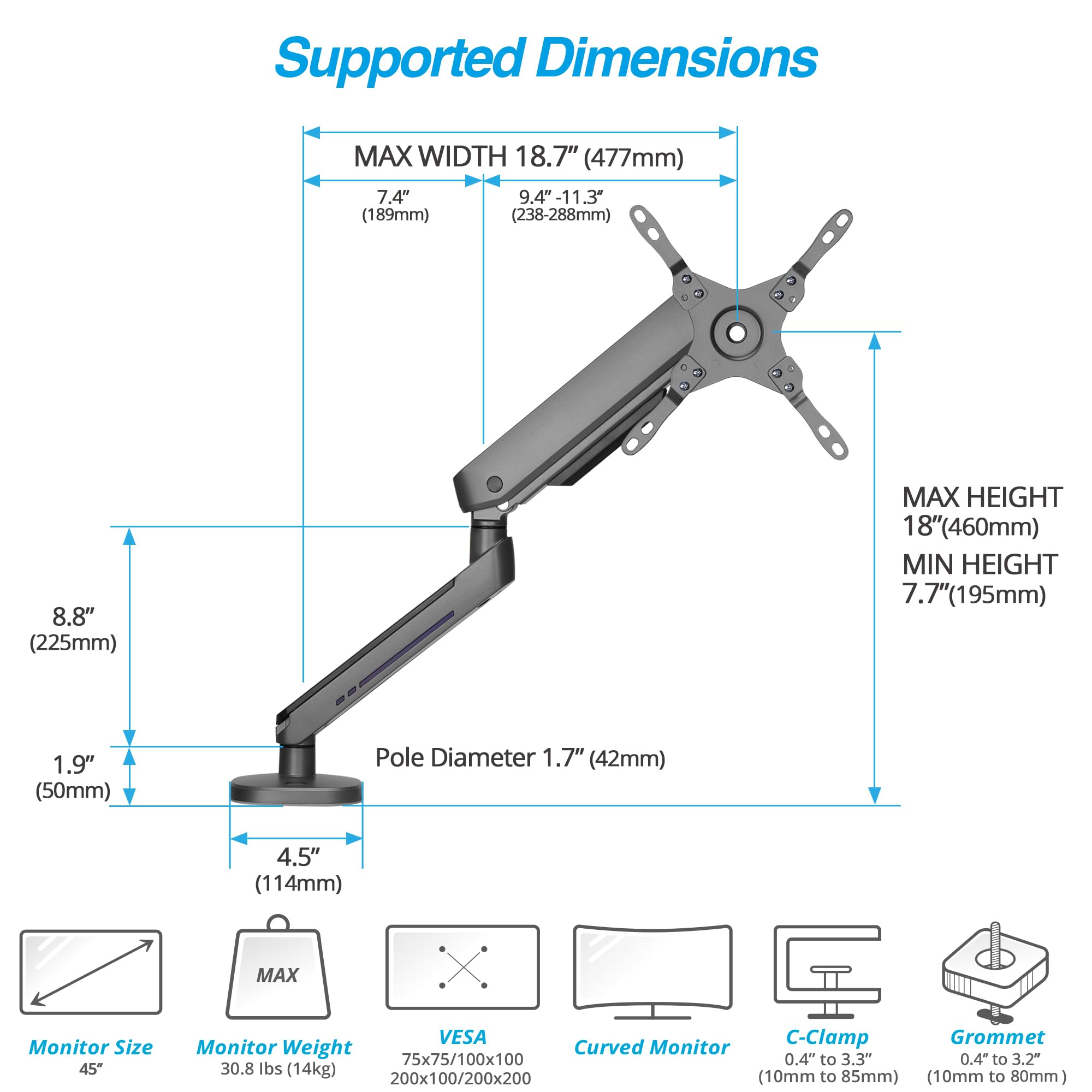 AVLT Single 27”-45” RGB Gaming Monitor Arm Desk Mount with 20 Lighting Modes & Touch Control - Adjustable Height, Swivel, Tilt for Flat/Curved/Ultrawide Screens - Dark Gray | Perfect for Gaming Setup, Home Office & Workstation Ergonomics