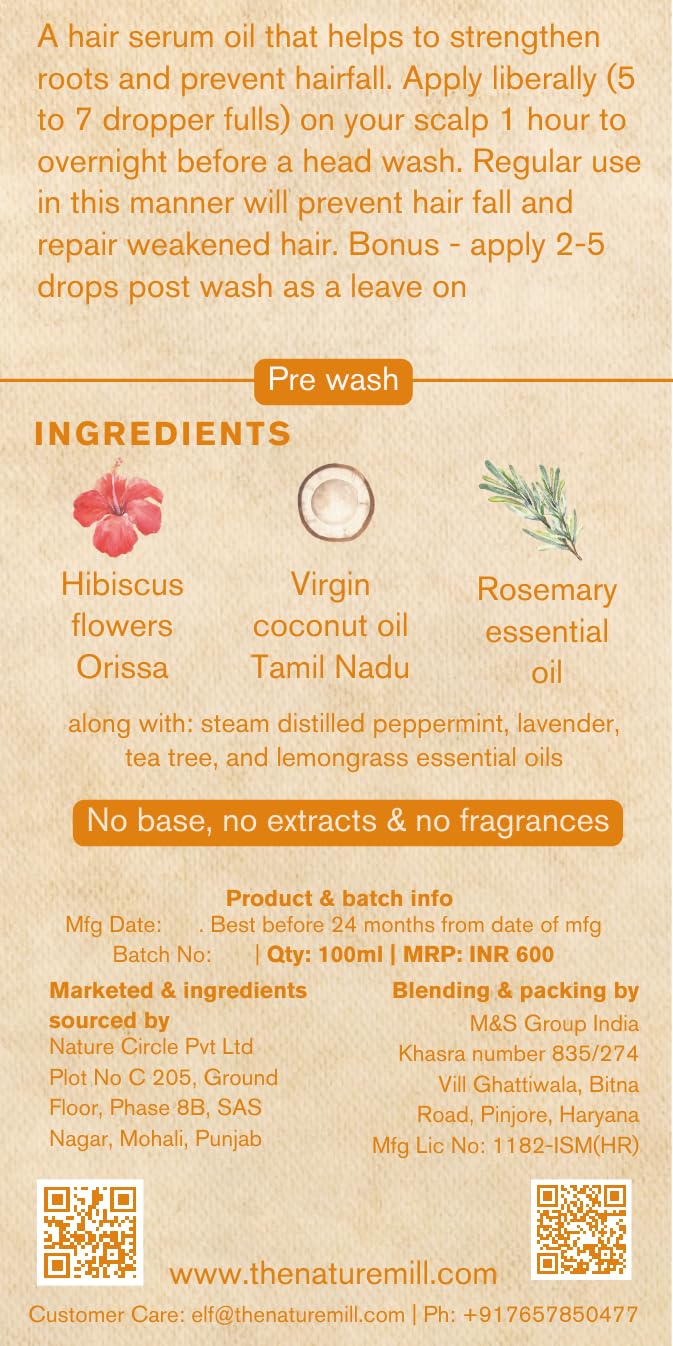 Nature Mill Hibiscus Rosemary Hair Serum Oil - 100ml Coconut Peppermint for Stronger Hair Growth | Natural Hair Care Treatment for Dry, Damaged Hair | Perfect for Daily Use & Scalp Massage