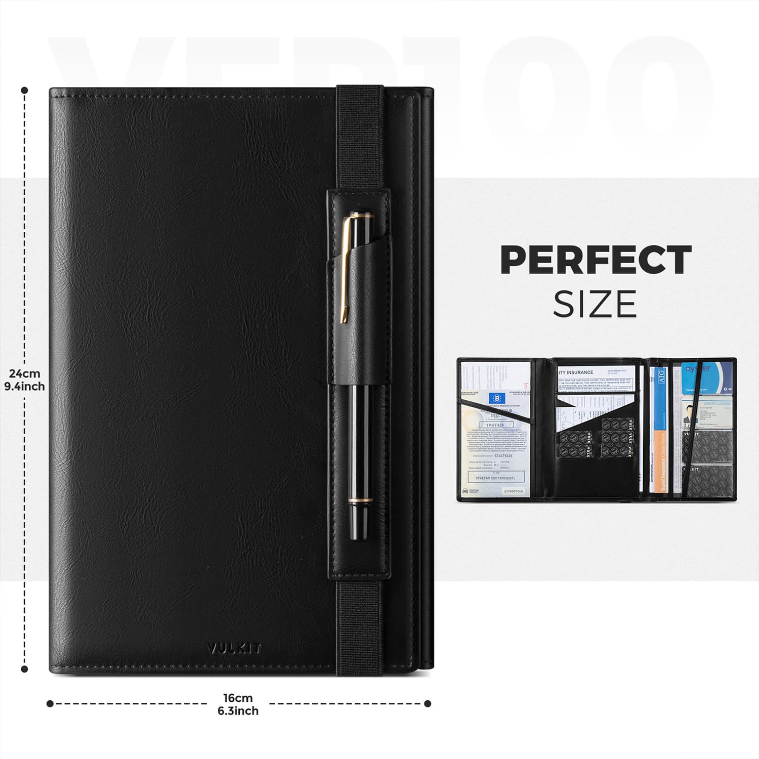 VFP100 Car Registration & Insurance Holder - Leather Tri-Fold Vehicle Document Organizer for Glove Box - Stores Car Keys, IDs & Essential Papers - Perfect for Road Trips & Daily Commuting