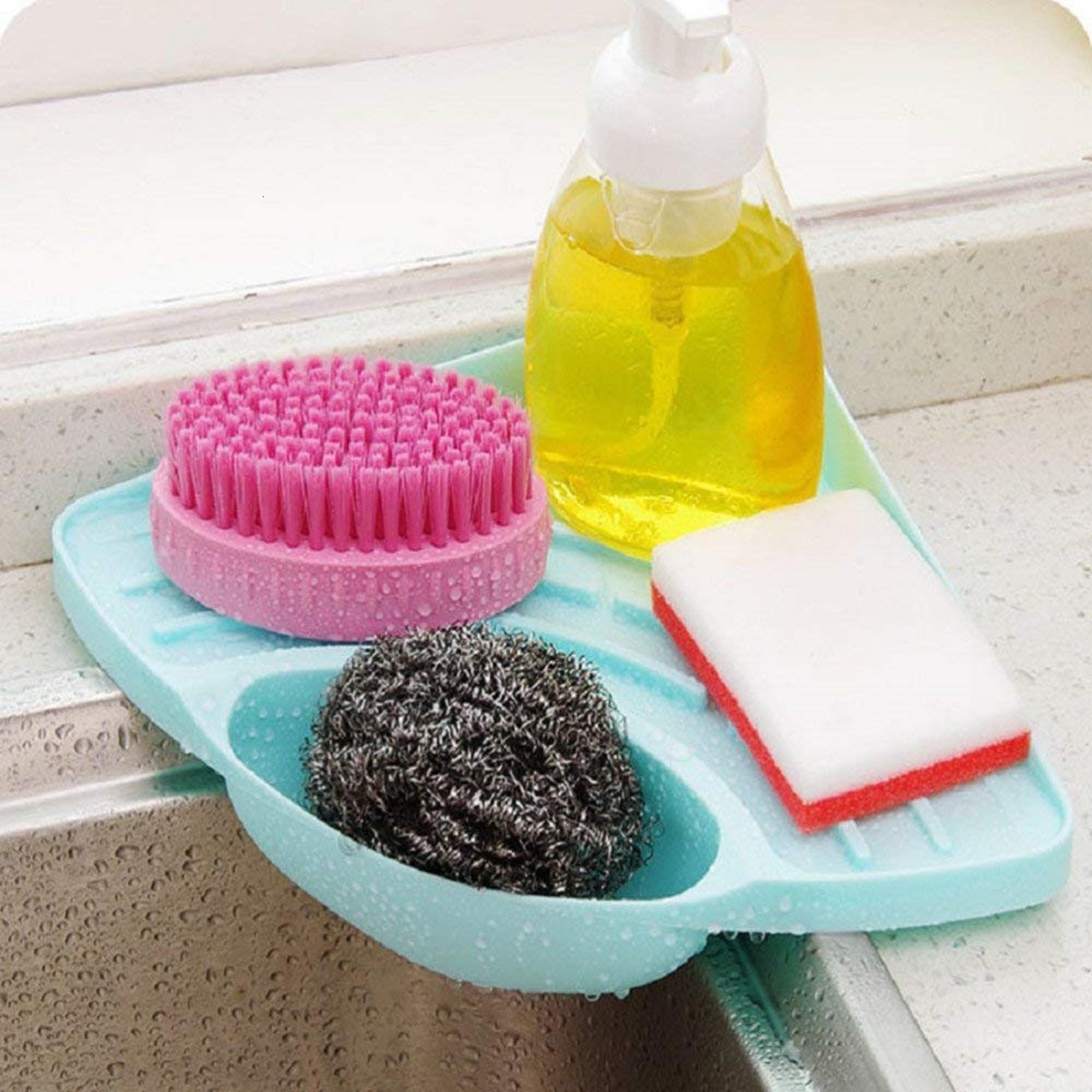 KOMBIUS Plastic Dish Drainer Rack - Multipurpose Kitchen Sink Organizer for Dishes, Utensils & Sponges | Space-Saving Corner Storage | Sky Blue | Perfect for Small Kitchens, Apartments & RV Use