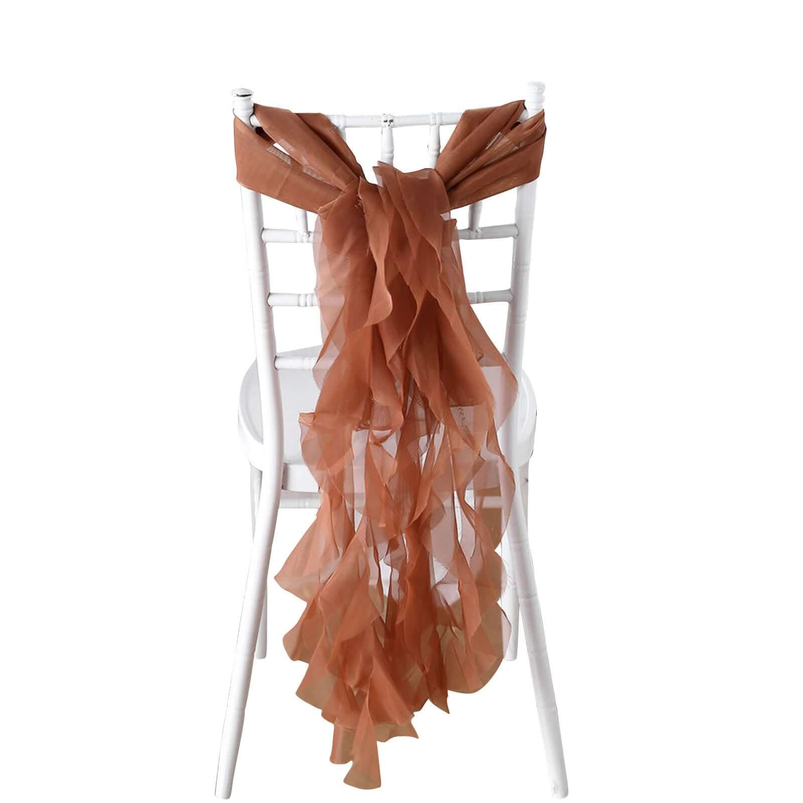 50 Premium Terracotta Curly Chiffon Chair Covers with Sashes - Elegant Wedding, Party & Reception Decorations - Perfect for Banquet Halls, Garden Ceremonies & Special Events