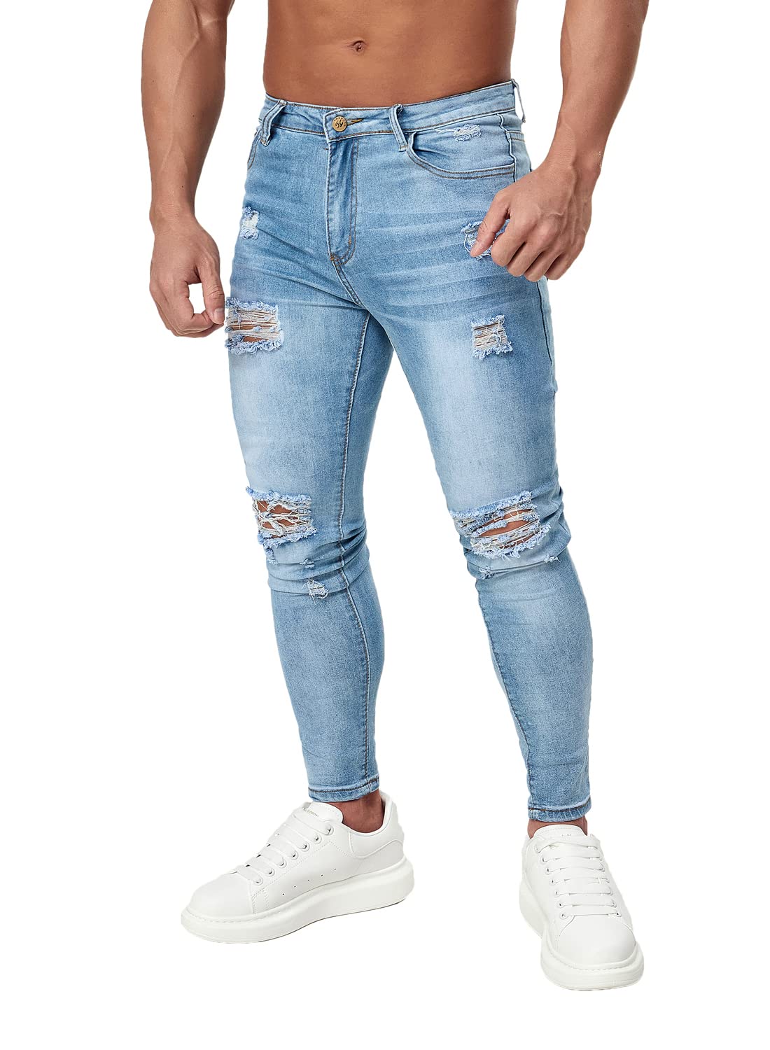 HUNGSON Men's Ripped Skinny Jeans - Stretchy Slim Fit Denim Pants for Men | Comfortable & Stylish for Casual Wear, Night Out, and Everyday Fashion