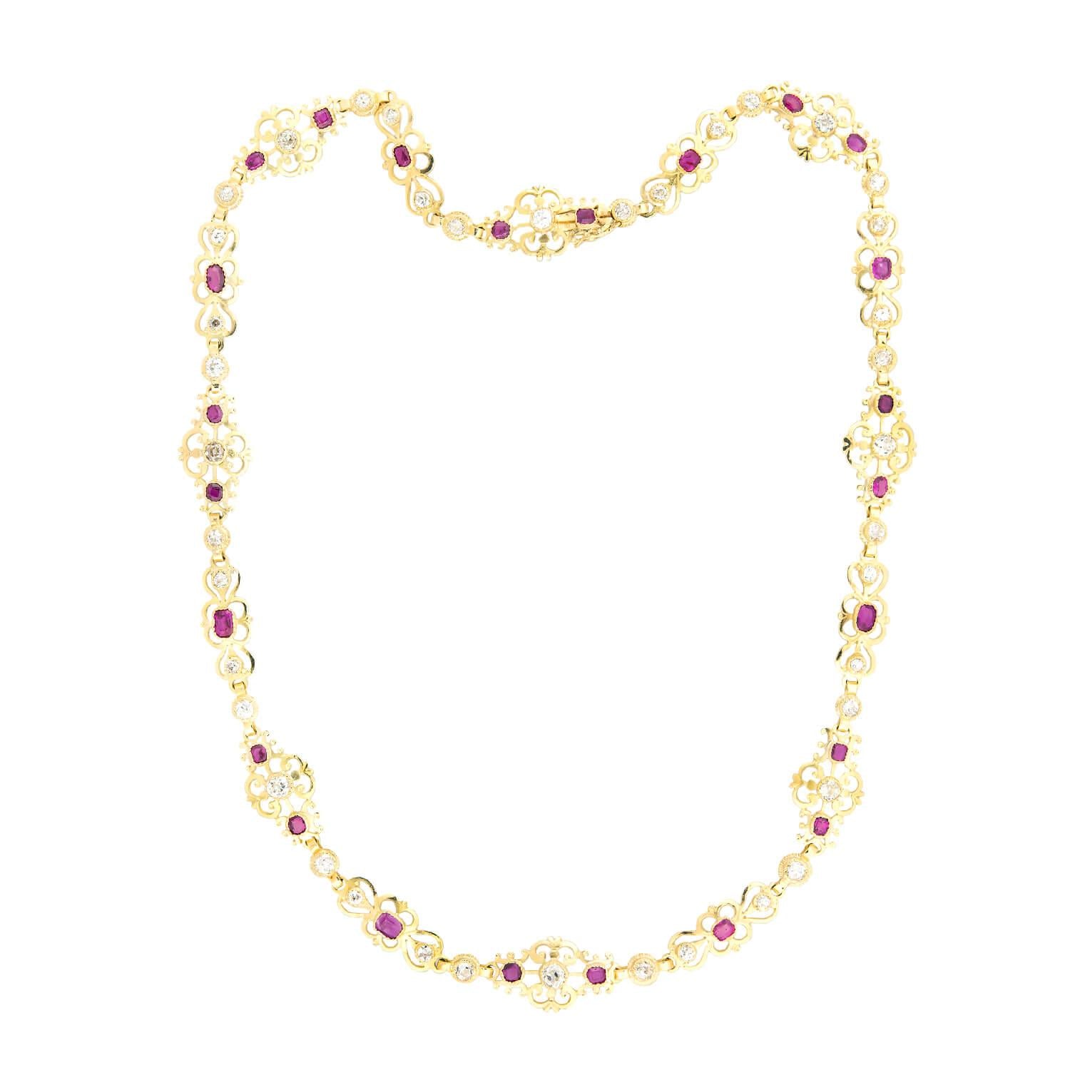 Vintage Art Deco 18k Gold Diamond & Ruby Scroll Link Necklace | Austrian Jewelry | Perfect for Weddings, Galas & Special Occasions