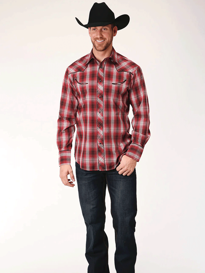 Roper Men's Long Sleeve Snap Plaid Western Shirt - Red Checkered Flannel Shirt for Cowboy Style | Ranch Work, Rodeo, and Casual Outdoors Wear