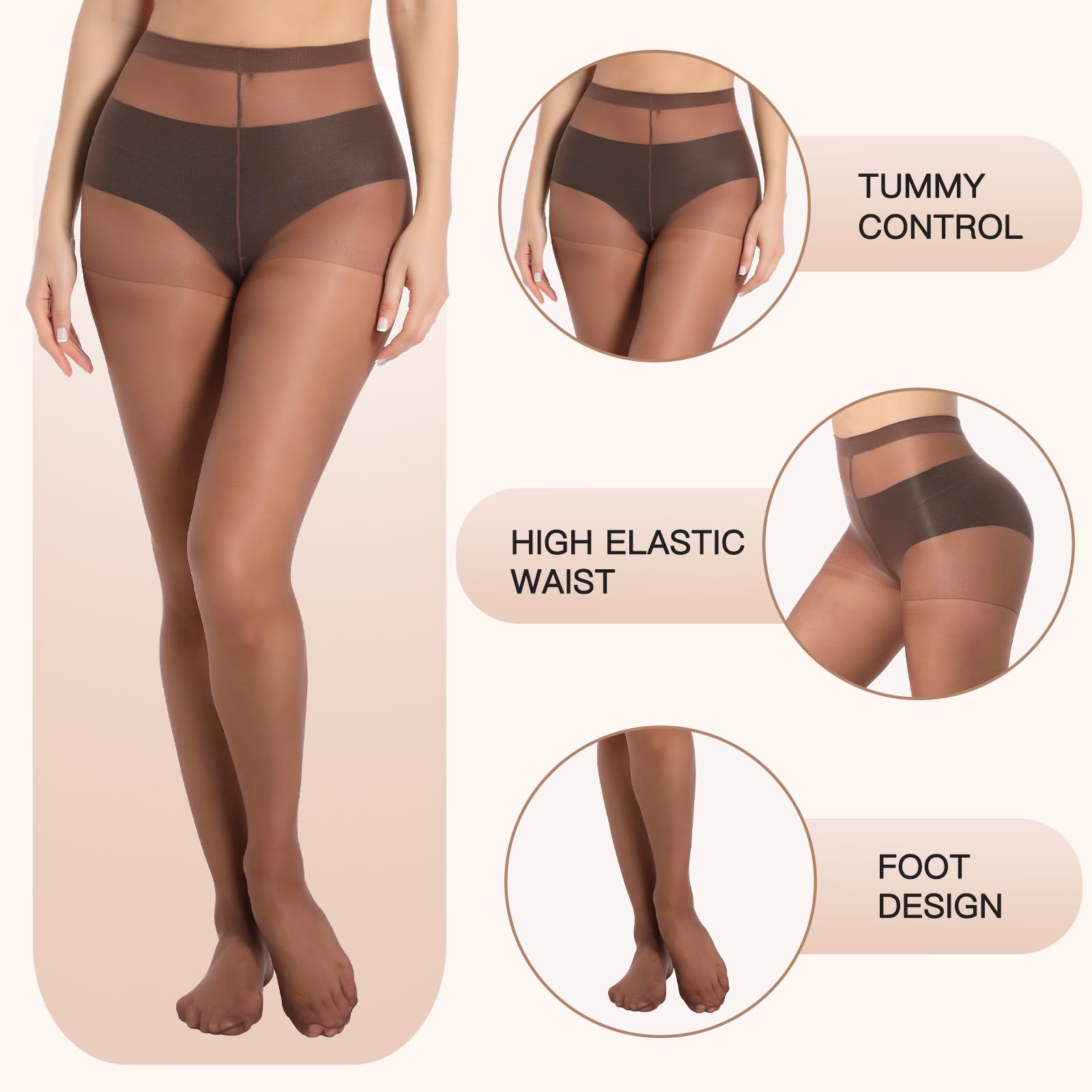 MANZI 6 Pairs 20D Women's Sheer Tights Ultra Thin High Waist Pantyhose - Soft Nylon Stockings for Everyday Wear, Office & Special Occasions