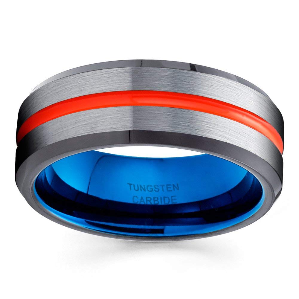 Premium Orange & Blue Tungsten Wedding Bands for Men & Women - 8mm Comfort Fit Anniversary Rings - Durable Black Tungsten Ring for Everyday Wear & Special Occasions
