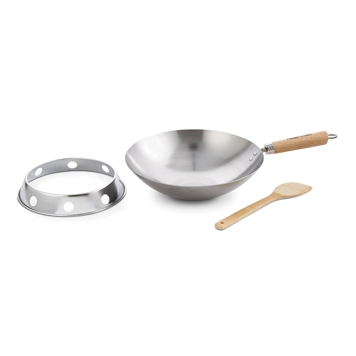 Best Carbon Steel Wok Pan Set - 12 Inch Round Bottom Chinese Stir Fry Pan with Wooden Handle & Spatula - Perfect for Asian Cooking, Stir Frying, Sautéing & Deep Frying at Home