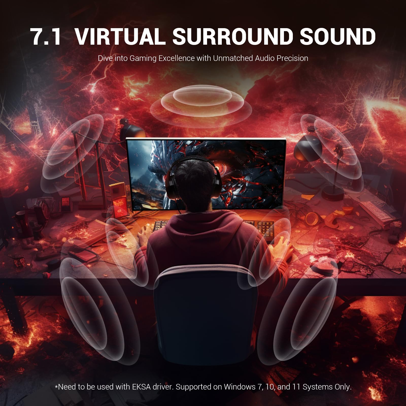 EKSA E1000V2 USB Gaming Headset with Noise Cancelling Mic - 7.1 Surround Sound Wired Headphones for PC, PS4, PS5, Laptop - RGB Lighting & Comfortable Ear Cushions (Black) | Perfect for Competitive Gaming, Streaming & Online Meetings