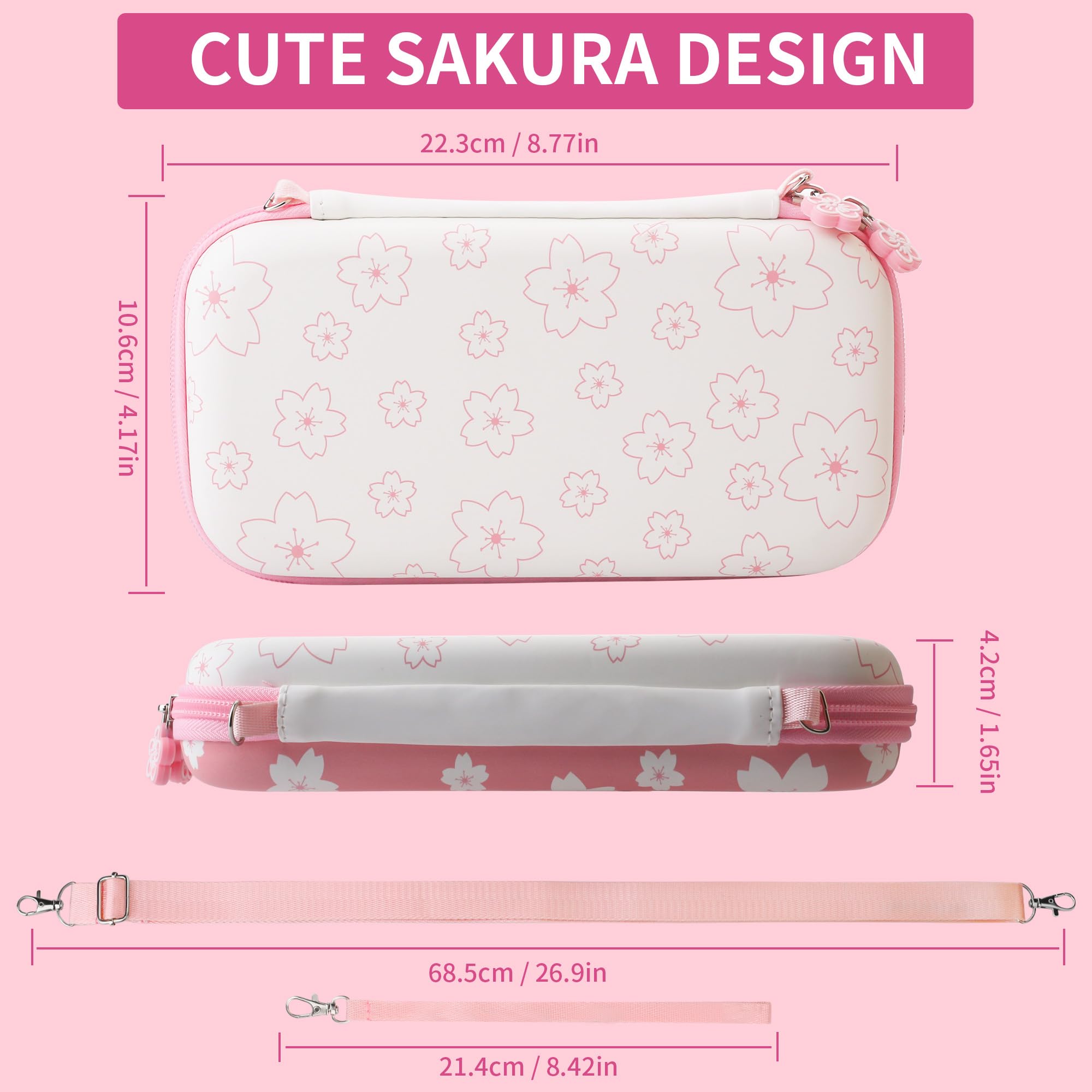 **FUNDIARY Pink & White Nintendo Switch Lite Travel Case with Sakura Design - Slim Storage Bag, Silicone Cover, Screen Protector, Handle Strap & 2 Thumb Caps - Perfect for Gaming On-The-Go & Travel Accessories**