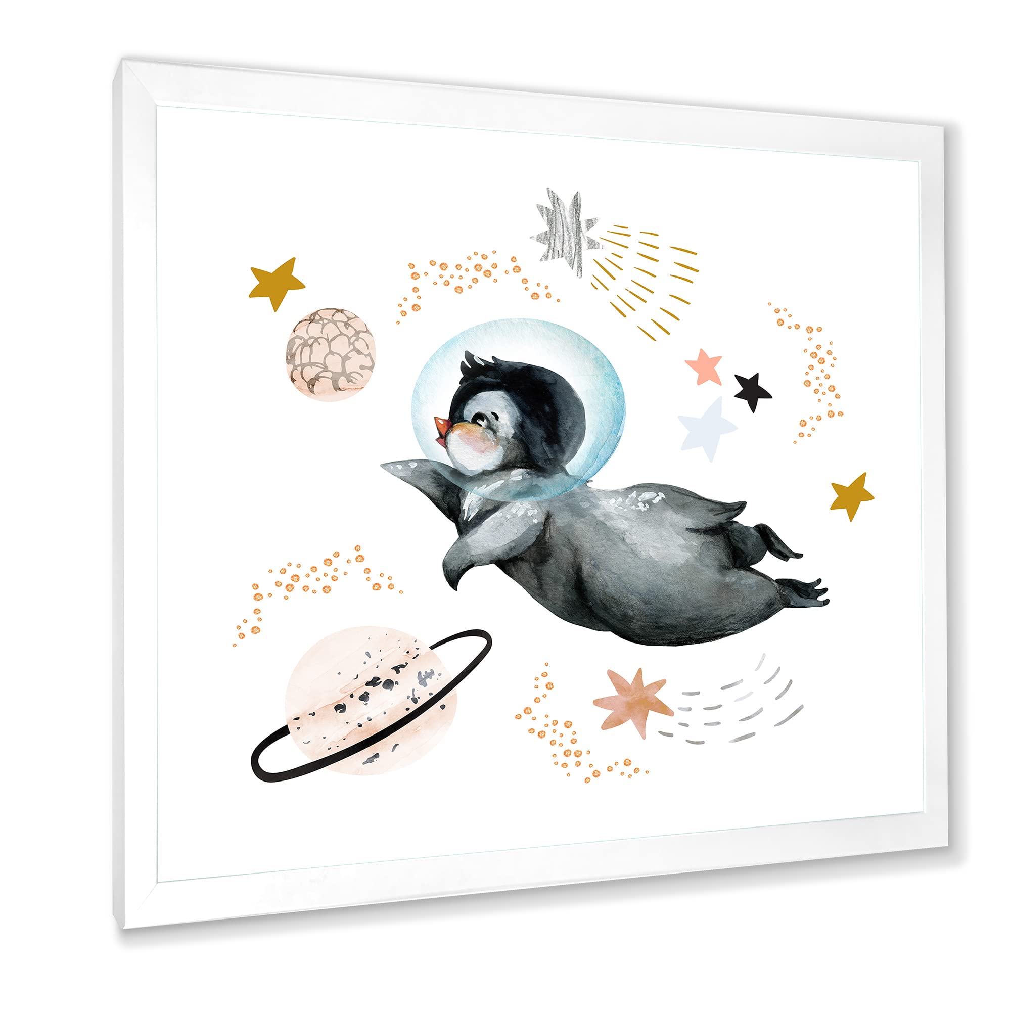 Little Penguin Flying Stars and Planets II Farmhouse Framed Wall Art - Nursery Decor, Kids Room Wall Art, Living Room Decor, Bedroom Wall Decor