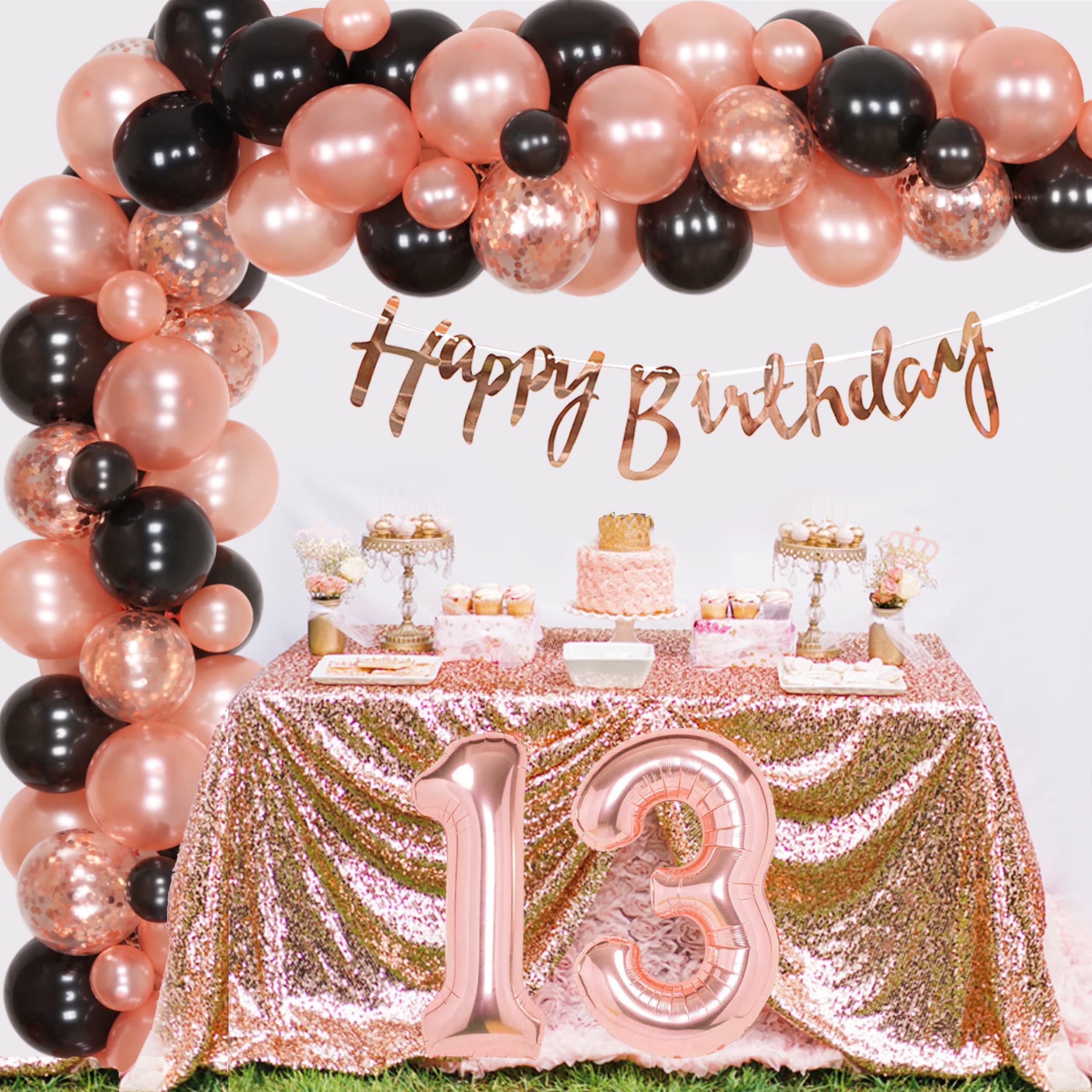Rose Gold & Black 13th Birthday Decorations Set for Girls - Happy 13th Birthday Banner, Number 13 Sign, Confetti Balloons - Perfect for Teen Birthday Parties, Sweet 16 Prep & Milestone Celebrations