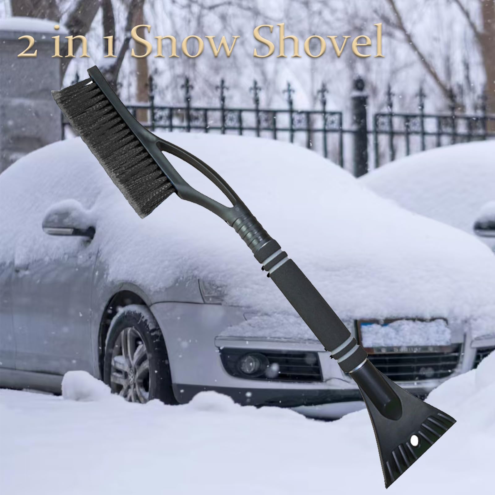 Huiyuenuo 2-in-1 Car Ice Scraper and Snow Brush with Broom - Heavy Duty Windshield Snow Removal Tool for Winter Car Cleaning (Perfect for Trucks, SUVs and Sedans)