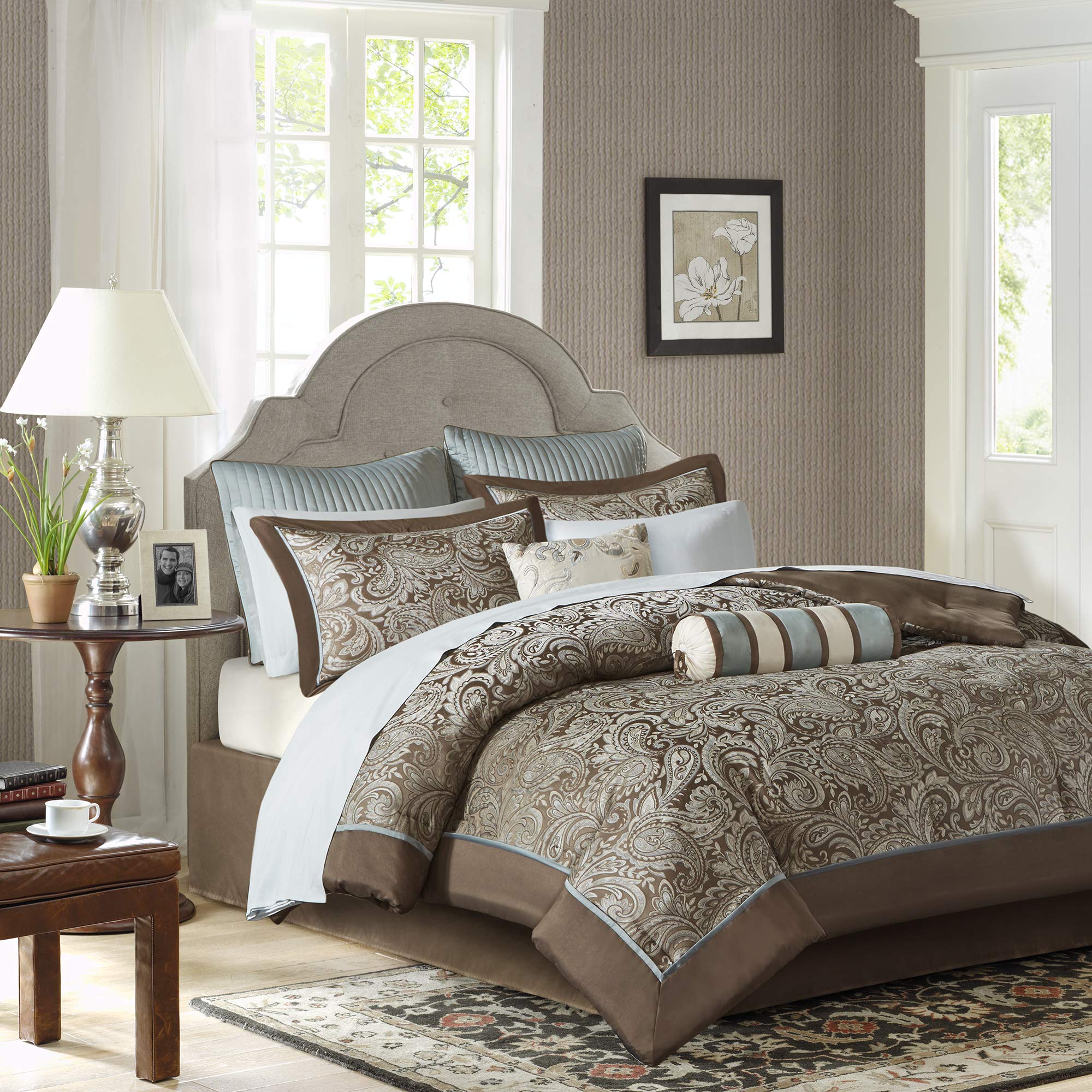 Madison Park Aubrey Cozy Comforter Set - Faux Silk Jacquard Paisley Design, All Season Down Alternative Bedding with Cotton Sheets, Bed Skirt & Toss Pillows - Queen Size, Blue, 12-Piece Set | Perfect for Master Bedroom, Guest Room & Cozy Home Decor