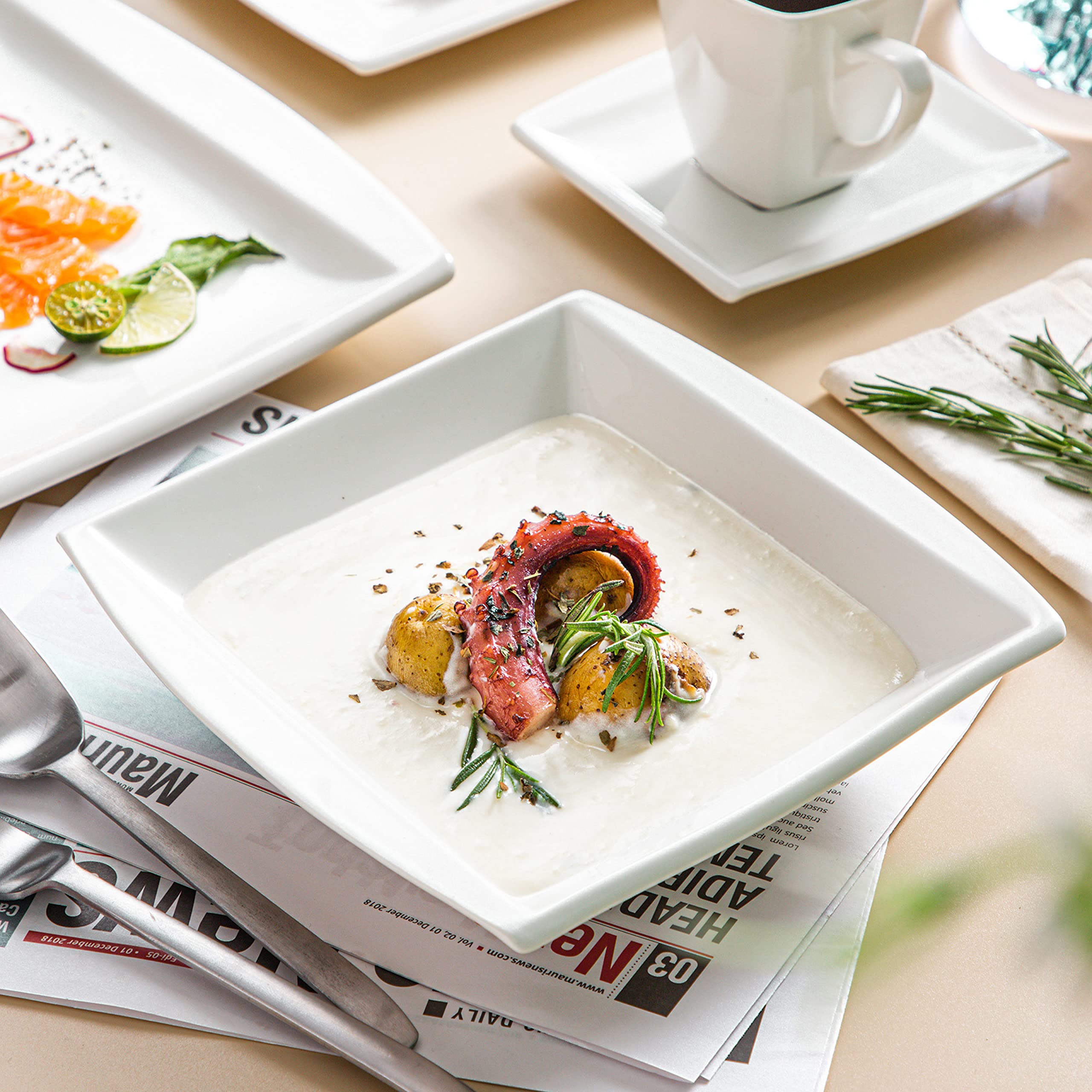 MALACASA 60-Piece Ivory White Porcelain Dinnerware Set for 12 - Square Plates, Bowls, Cups & Saucers - Modern Dining Ware Collection - Perfect for Family Gatherings, Dinner Parties & Restaurant Use