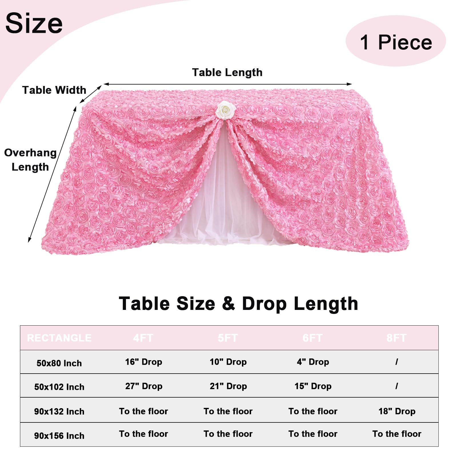 Fanqisi Pink Rosette Tablecloth 50x80 Inches - 3D Satin Rectangle Table Cover for Wedding, Birthday Party, Reception - Elegant Dining Table Decoration for Home & Event Decor