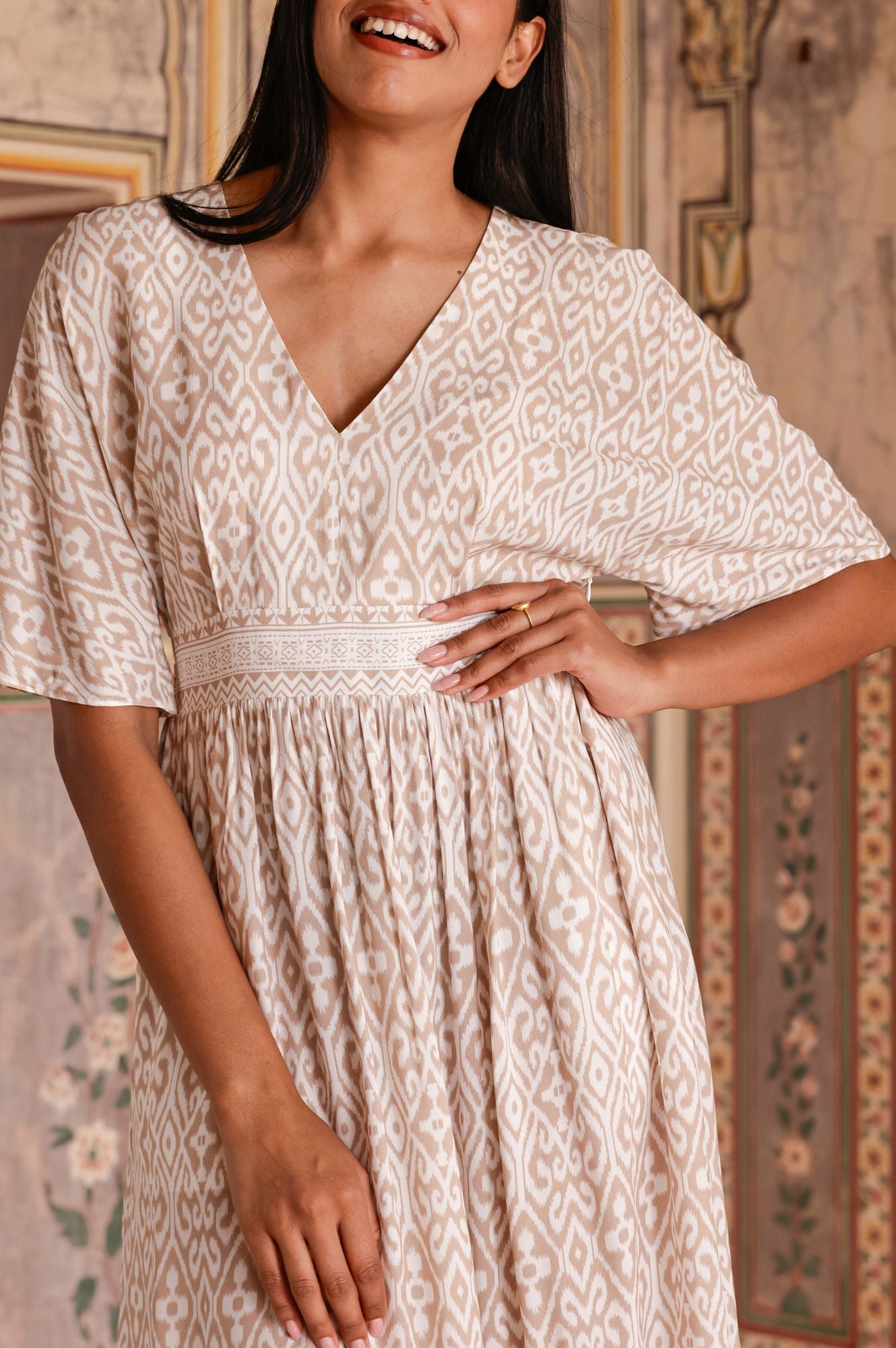 Lena EcoVero™ Sustainable Women's Dress in Taupe & White - Perfect for Casual Wear, Office Outfits & Eco-Friendly Fashion