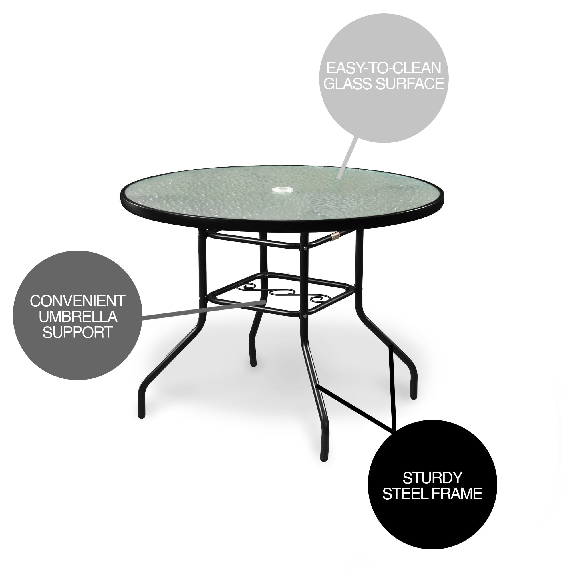 Outdoor Steel Dining Table with Round Waterwave Glass Top - 40 Inch Black Patio Furniture for Garden, Backyard, and Poolside Dining