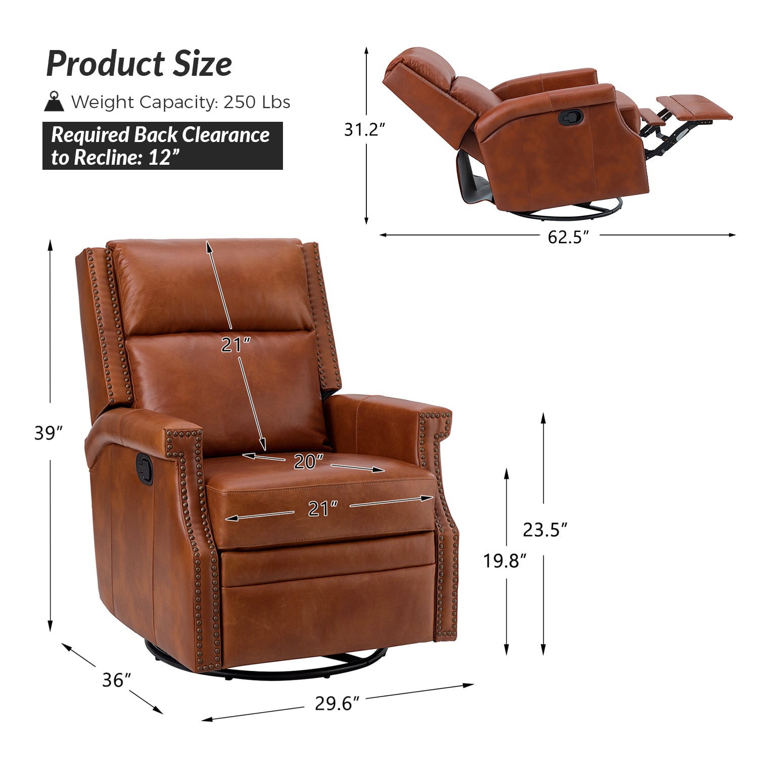 Canace Modern Genuine Leather Manual Glider Rocker Recliner Chair - Comfortable Swivel Lounge Chair for Living Room, Nursery, and Office Relaxation
