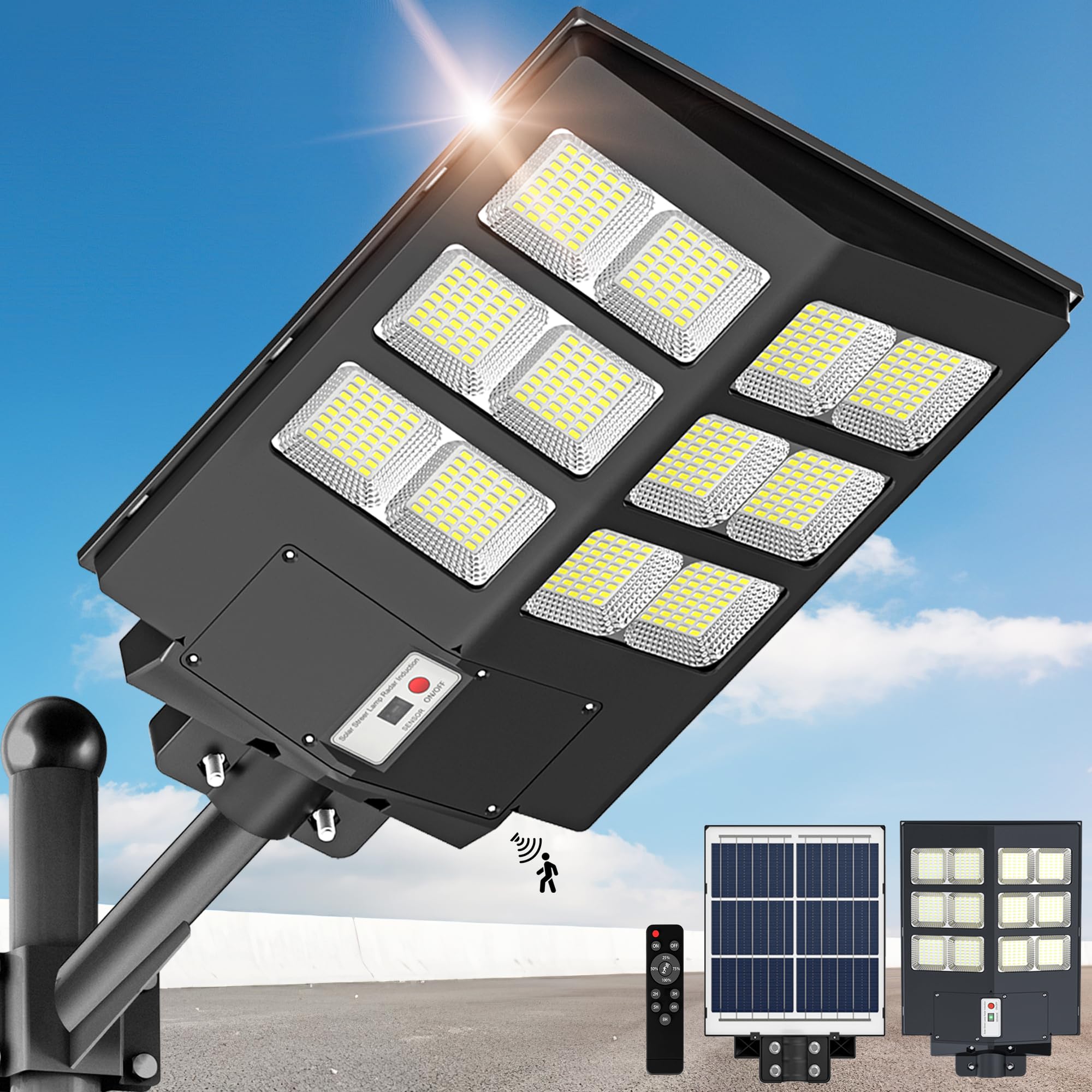 1600W Solar Street Lights Outdoor - Wide Angle Solar Powered LED Lights with Motion Sensor, 6500K Daylight White for Parking Lot, Yard, Stadium - Energy Efficient Dusk to Dawn Lighting for Pathways, Gardens & Security