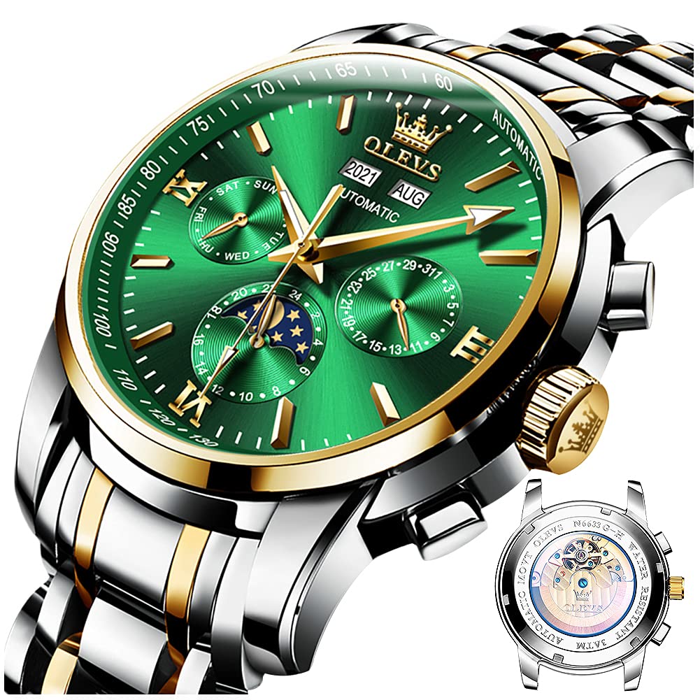 OLEVS Automatic Couple Watches for Men and Women - His and Hers Matching Mechanical Self-Winding Tourbillon Dress Watches with Day Date Calendar, Big Face, Two Tone - Perfect Anniversary Gift for Couples, Wedding Present, Romantic Gift Idea