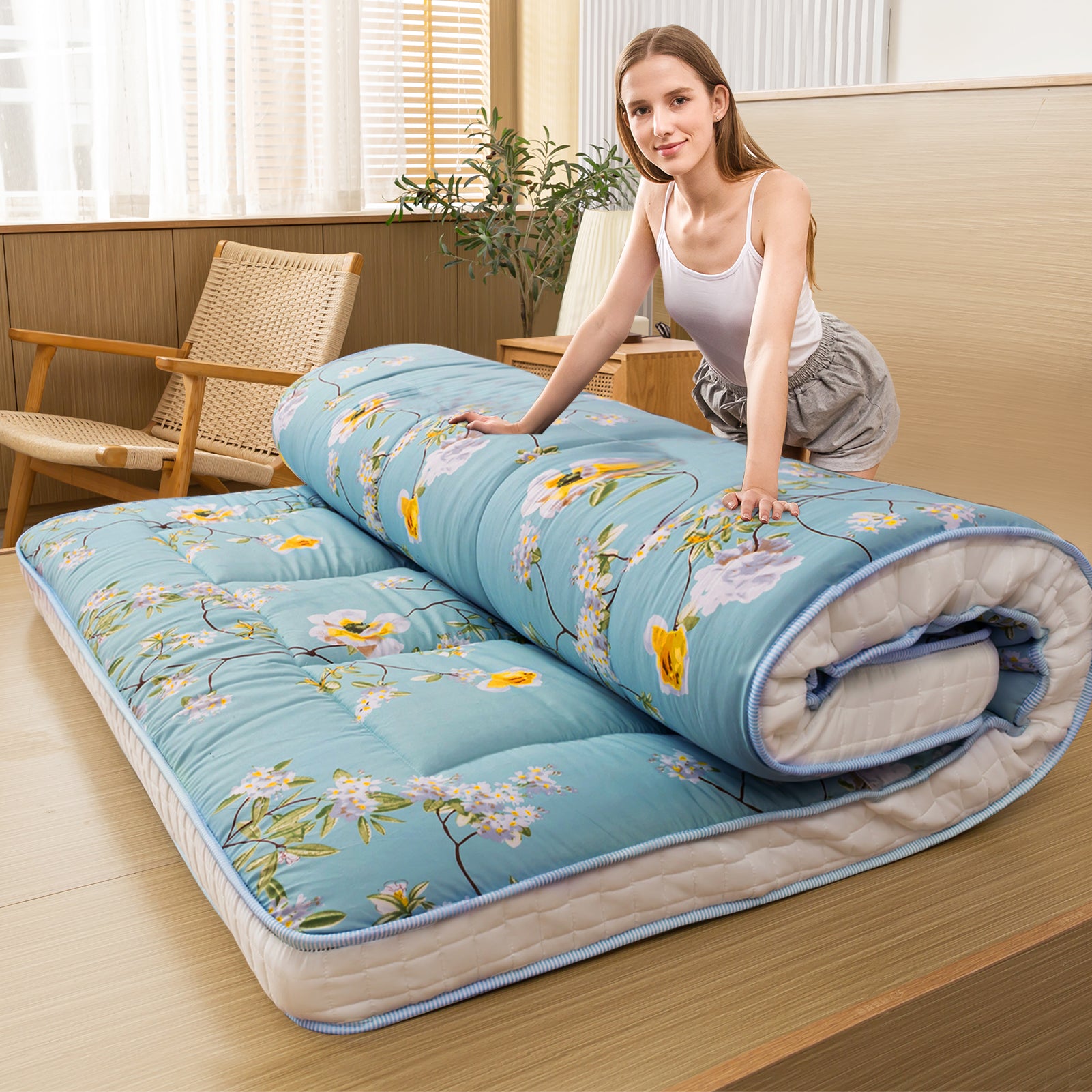 MAXYOYO Rustic Floral Korean Padded Japanese Futon Mattress - Quilted Bed Mattress Topper & Foldable Sleeping Pad for Guest Bed, Camping, Couch & Floor Lounging | Comfortable Home & Outdoor Use