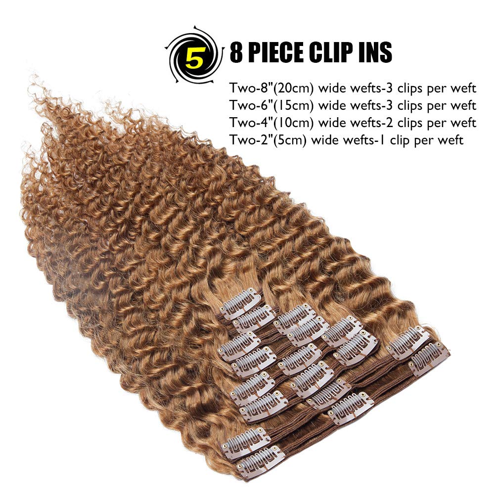 Benehair 22inch 120g Kinky Curly Clip-in Hair Extensions - 100% Human Hair for Black Women | Afro 3B/3C Natural Hair | Double Weft Thick Coil Brazilian Hair in Light Auburn (8pcs/18 Clips) - Perfect for Parties, Weddings & Daily Styling