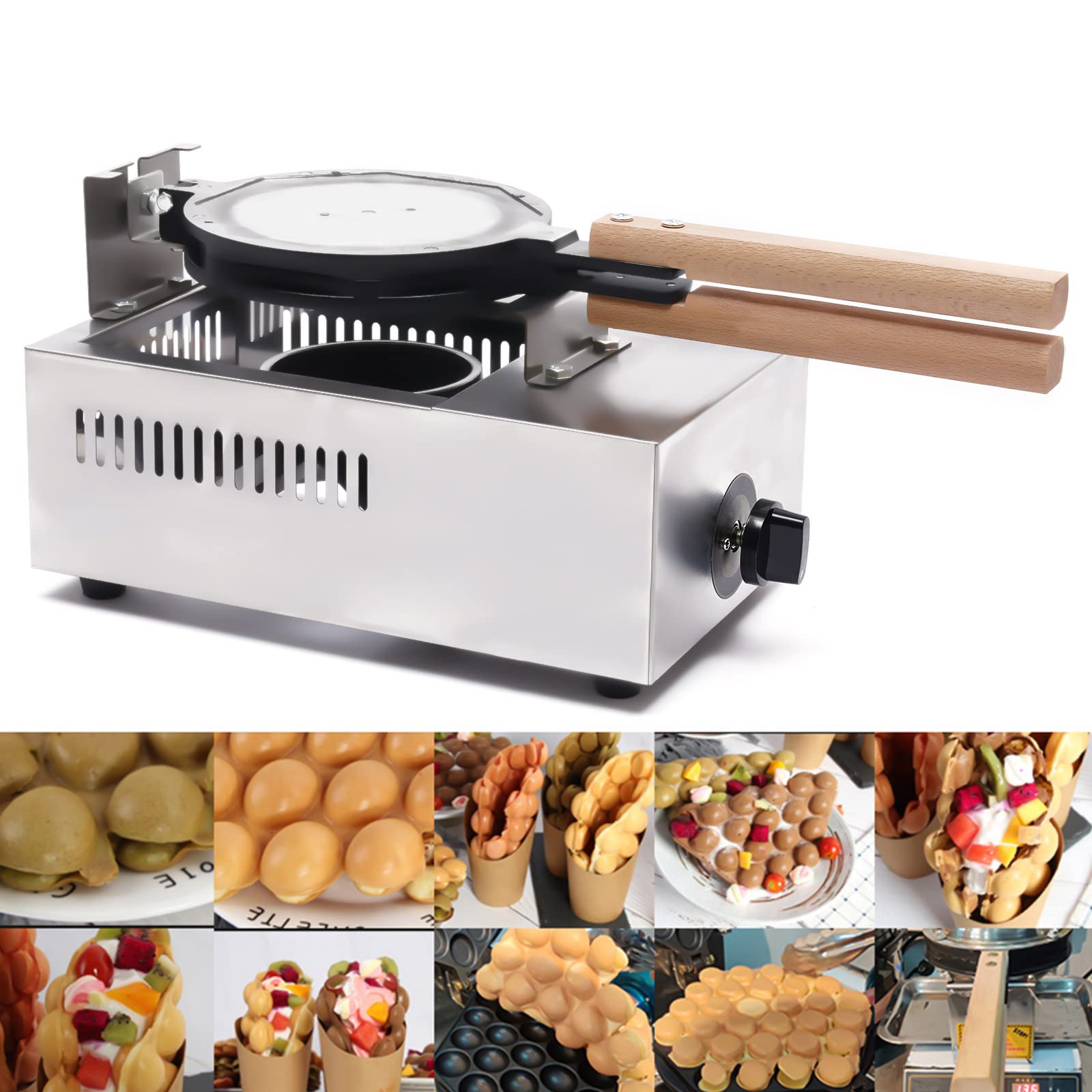 Commercial Bubble Waffle Maker - Nonstick 1-Piece Egg Waffle Machine with Long Handles for Restaurants & Bakeries (Silver) | Perfect for Making Hong Kong Style Egg Puffs, Street Food, and Dessert Shops