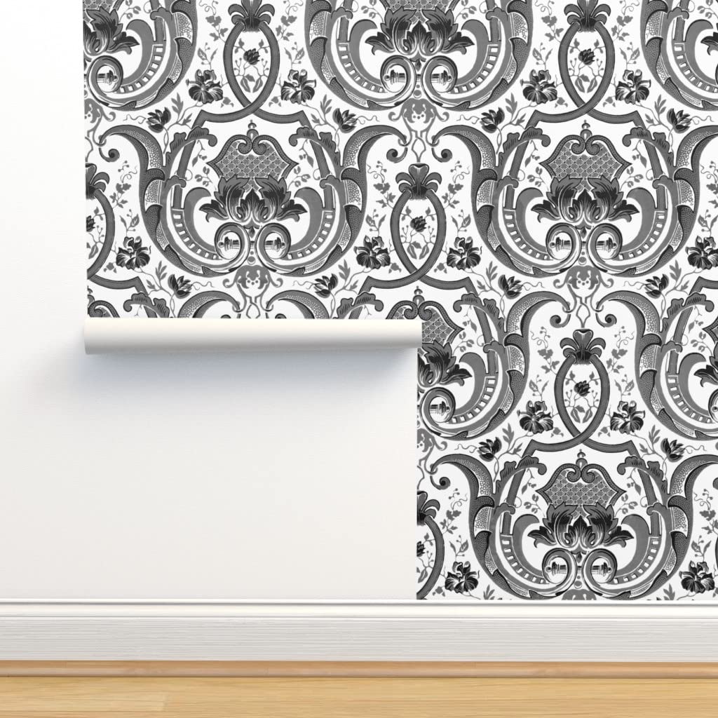 Peel & Stick Wallpaper 12ft x 2ft - Damask Victorian Floral Trellis Brocade in Chic Black & White | French Inspired Removable Wallpaper by Spoonflower | Perfect for Bedroom, Living Room & Home Office Decor