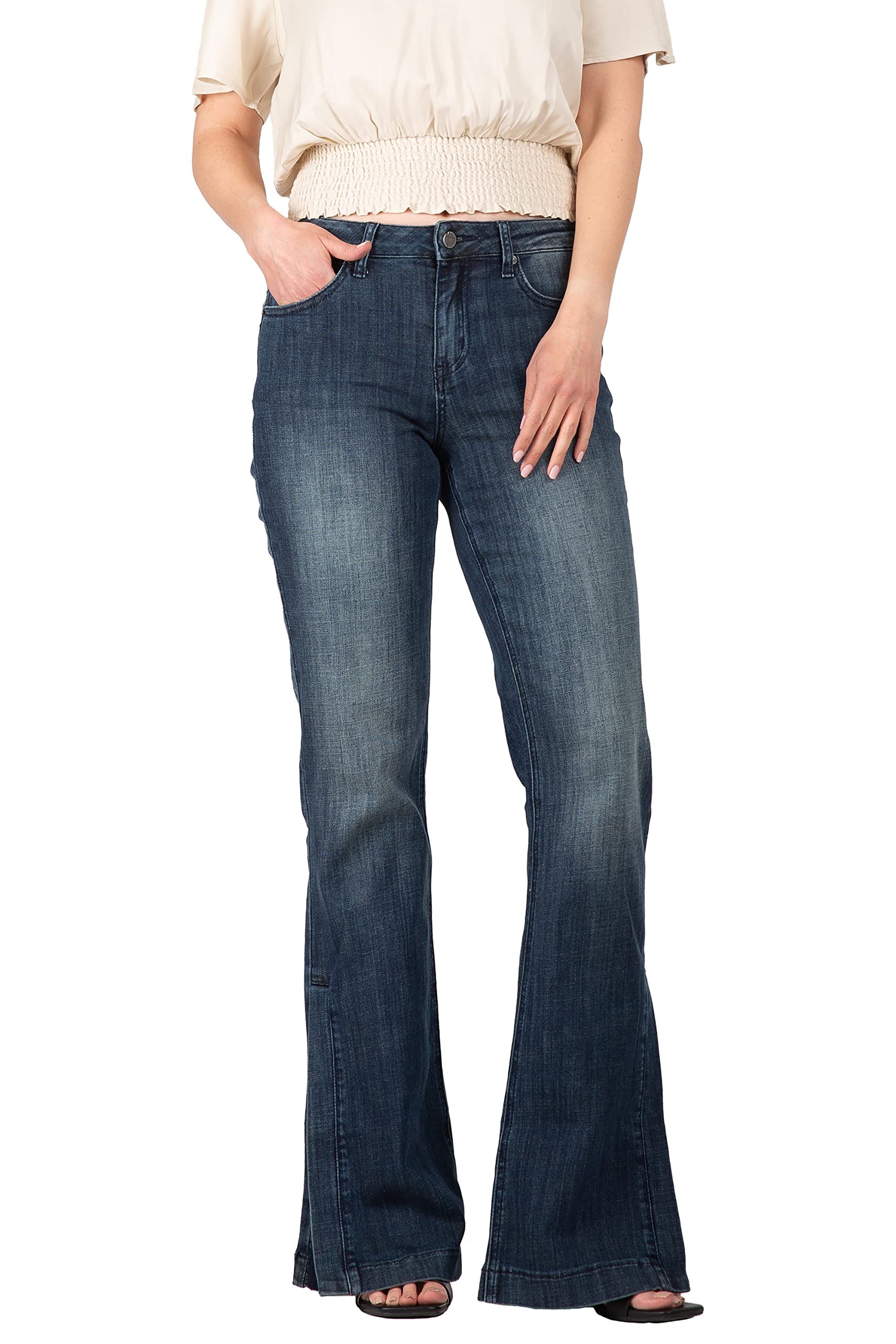 Premium Women's Blue Denim Whisker Wash Raw Edge Flare Jeans - High-Quality Stretch Denim Pants for Casual Wear & Everyday Fashion