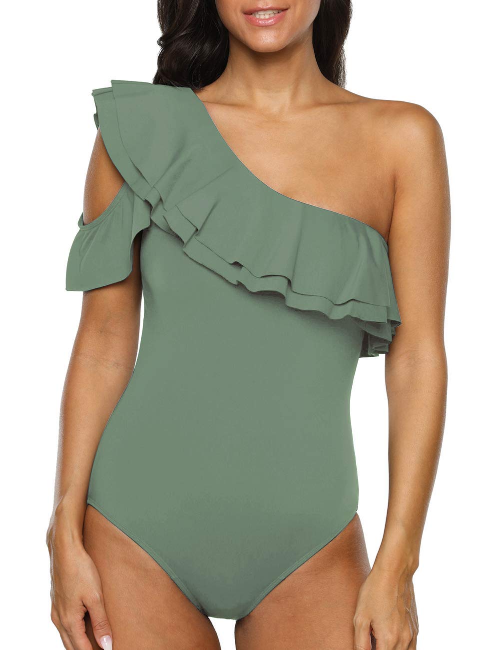 Hilor Women's One Shoulder Asymmetric One Piece Swimsuit with Ruffles - Sexy Bathing Suit for Beach, Pool Party & Vacation