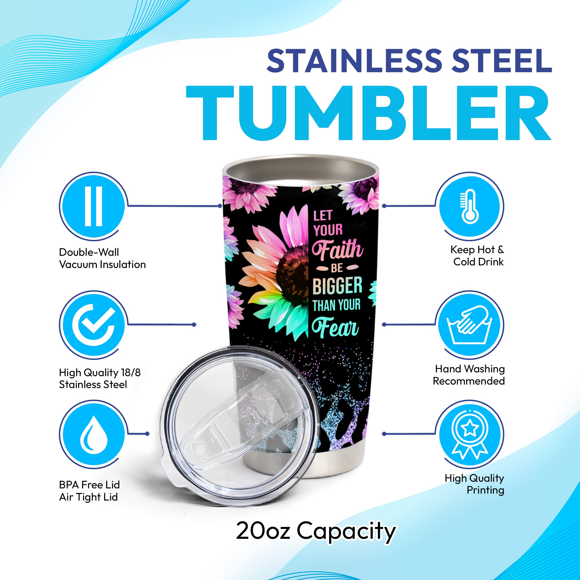 Personalized Sunflower Stainless Steel Tumbler 20oz with Lid - Custom Name Floral Gift for Women - Birthday, Christmas Present for Sunflower Lovers - Perfect for Office, Travel & Outdoor Activities