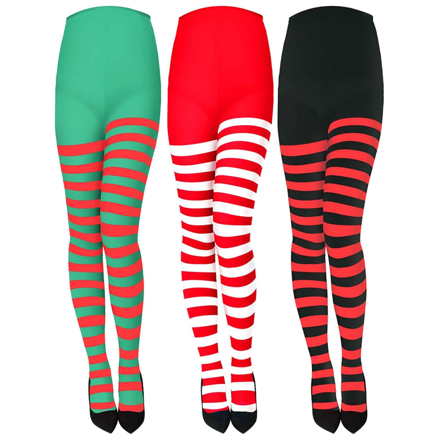 MFUOE 3 Pairs Women's Christmas Striped Tights - Thigh High Stockings, Polyester Leggings & Full Footed Socks for Holiday Parties, Winter Outfits & Festive Fashion