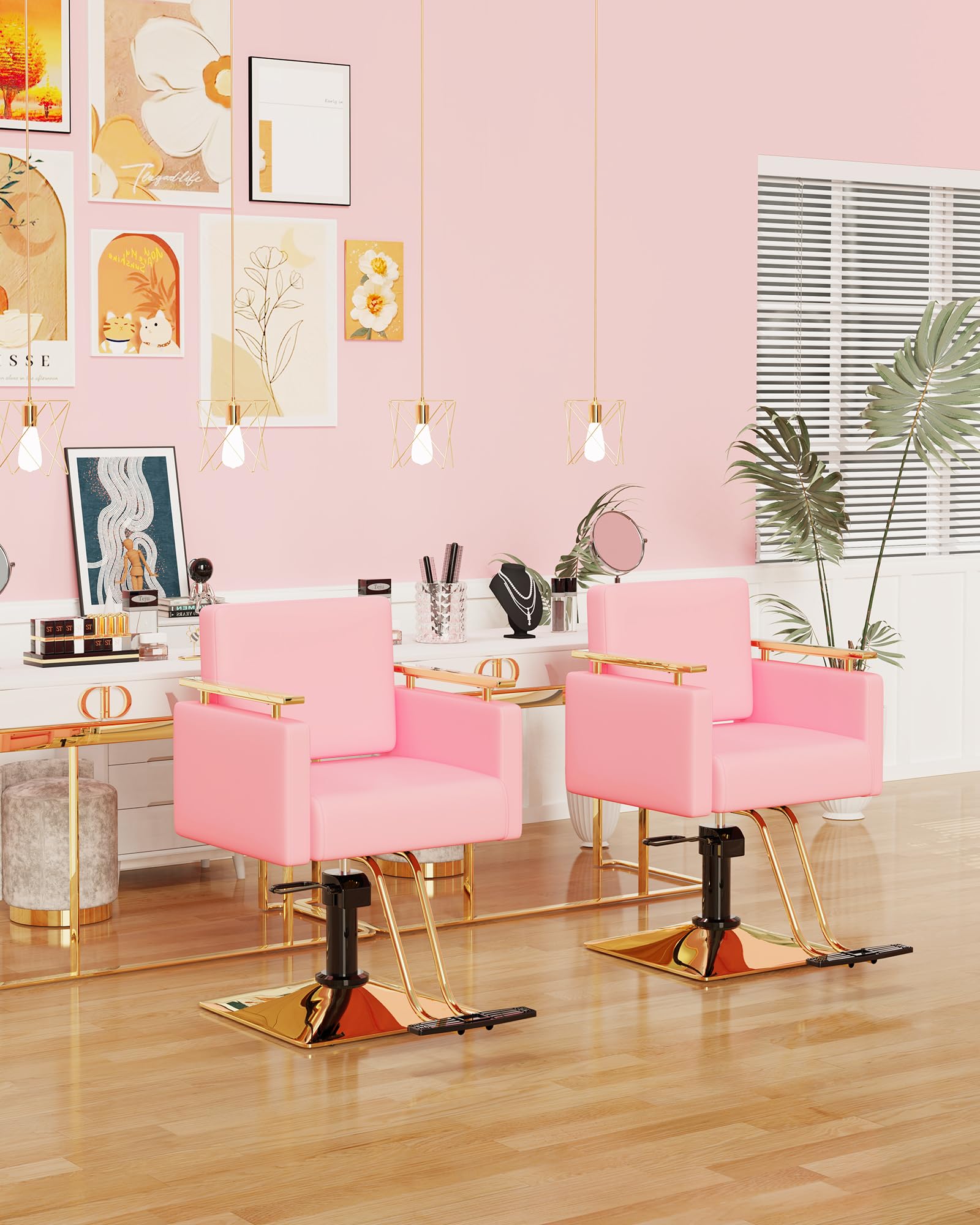 Premium Baasha Salon Chair - Hydraulic Barber Chair with Stainless Steel Armrests, Professional Hair Styling Chair for Salons & Spas, Adjustable Beauty Equipment in Gold & Pink - Perfect for Haircuts, Styling & Spa Treatments