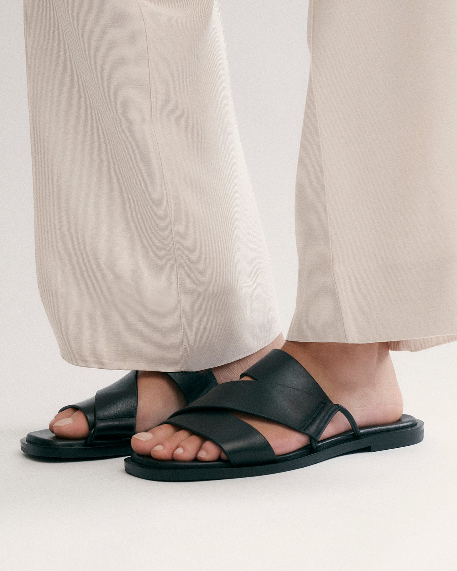 Shelby Black Leather Flat Slides - Comfortable Women's Sandals for Casual Wear, Beach, and Summer Outfits