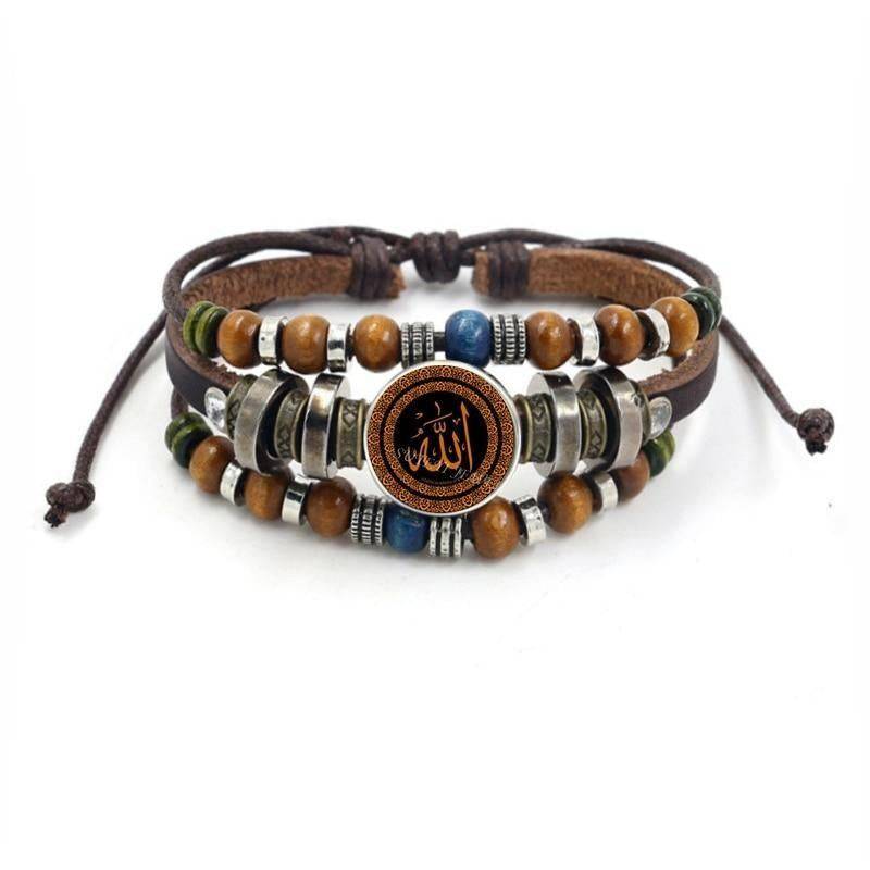 Allah Beads Leather Bracelet with Glass Cabochon - Islamic Prayer Jewelry for Men & Women - Perfect for Daily Wear, Religious Occasions and Gift Giving