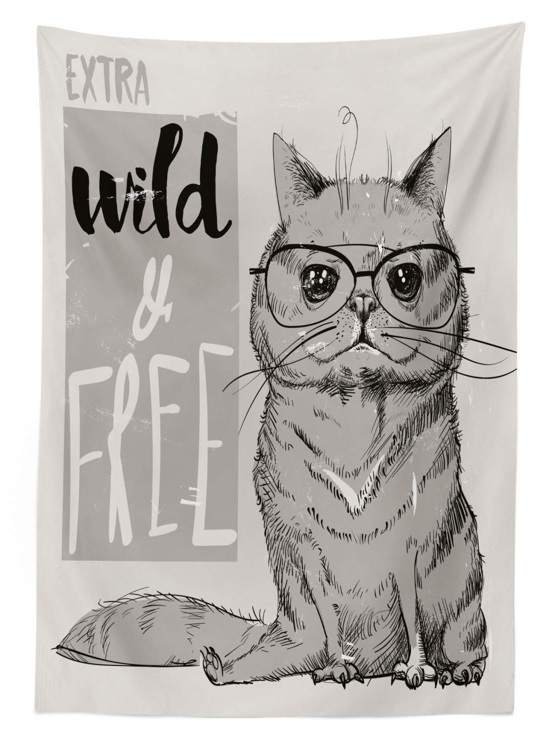 Ambesonne Modern Waterproof Outdoor Tablecloth - Hipster Cat Portrait with Wild & Free Typography, Washable Picnic Table Cover 58x104 Inches - Perfect for Backyard BBQs, Garden Parties & Camping Trips (Pale Grey)