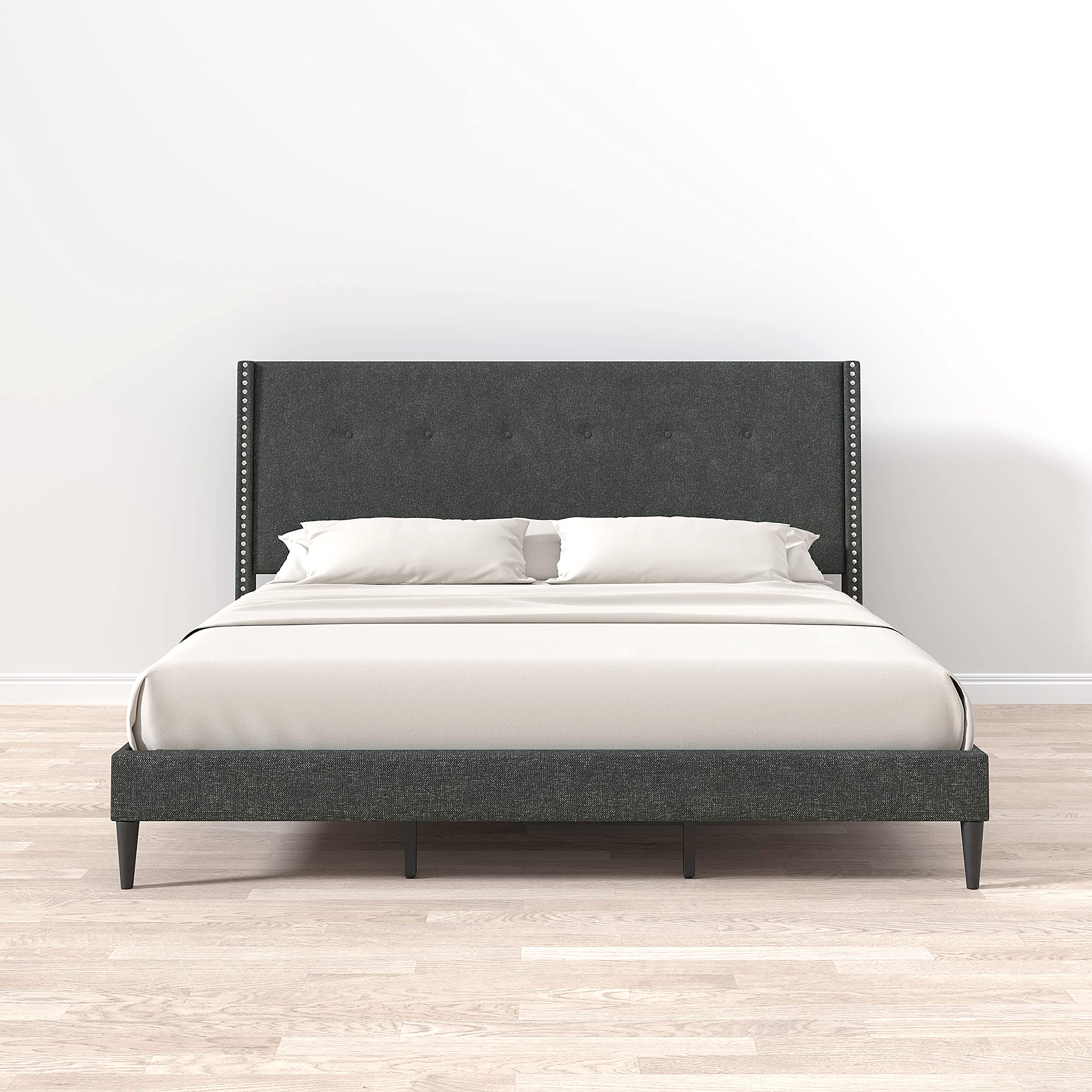 Glenwillow Home MCM Upholstered Platform Bed Frame with Nailhead Trim & Button Tufted Wingback - King Size Gray Bed - No Box Spring Needed - Easy Assembly - Perfect for Modern Bedroom & Guest Room Decor