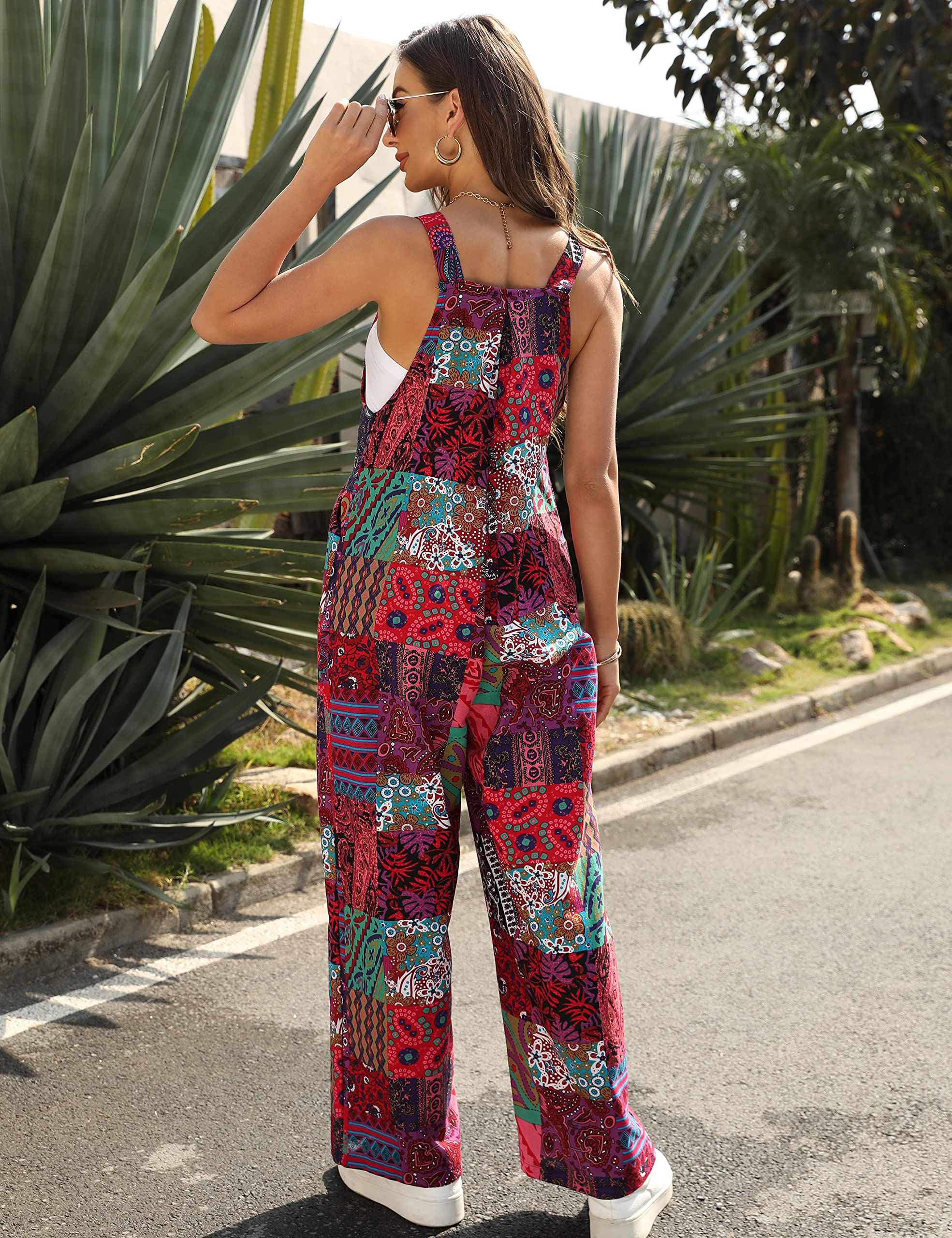 Himosyber Women's Patchwork Jumpsuit with Dual Pockets - Loose Fit Floral Print Bohemian Wide Leg Bib Overalls for Casual Outings & Festivals