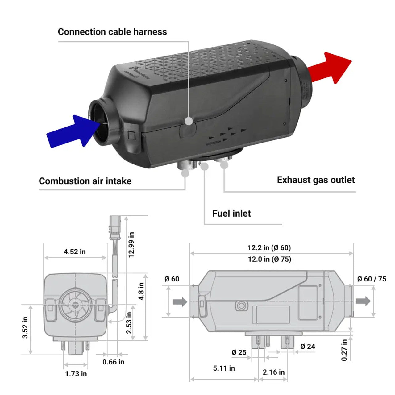 Espar Airtronic AS3 B2L Diesel Air Heater with Standard Installation Kit - 12V Portable Parking Heater for Trucks, RVs & Boats - Fast Heating in Cold Weather