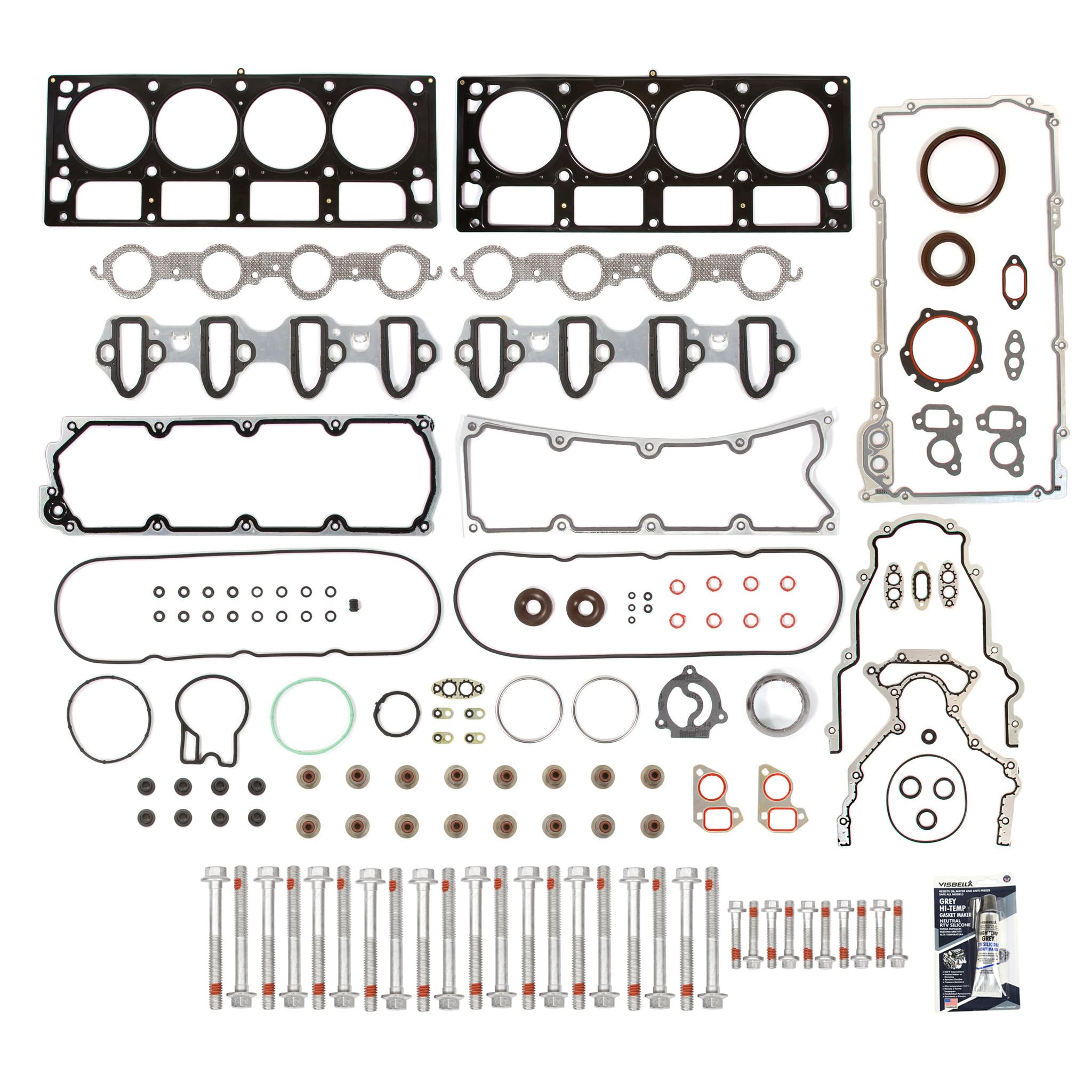 Full Gasket Set with Head Bolts Compatible with 2004-2009 Cadillac GMC Chevrolet Hummer 6.0L V8 Engine - Perfect for Engine Rebuilds & Head Gasket Replacement