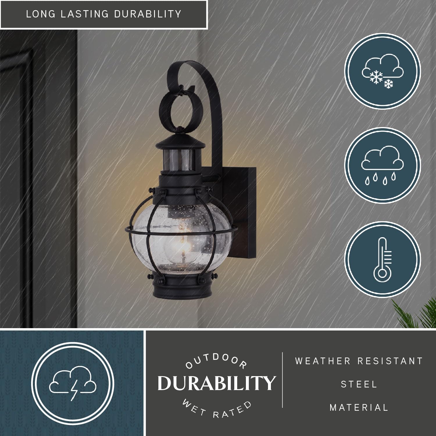 VAXCEL Chatham Black Coastal Motion Sensor Outdoor Wall Light with Clear Glass - Dusk to Dawn Security Lighting for Porch, Garage & Entryway