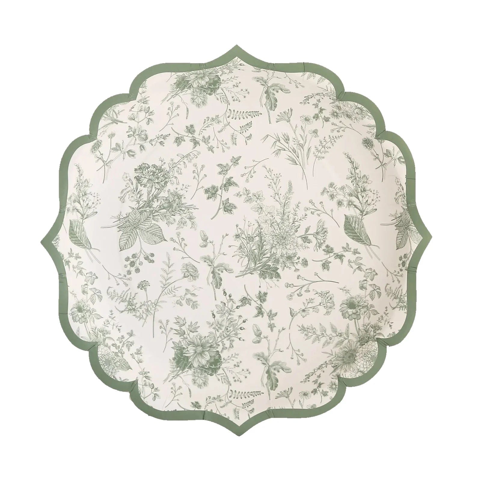 25-Pack White and Sage Green Floral Leaf Print Paper Plates with Scalloped Rim - Elegant Disposable Tableware for Weddings, Baby Showers & Garden Parties