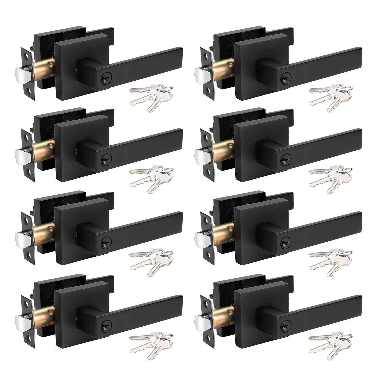 KNOBWELL 8 Pack Black Entry Door Handles with Keyed Lock - Gate & Front Door Leverset for Right/Left Hand Doors (Same Key) - Perfect for Home Security, Apartment Buildings & Commercial Properties