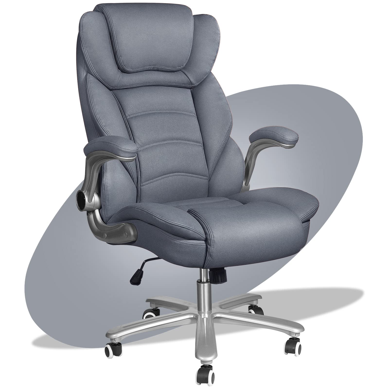 Premium Big and Tall Executive Office Chair for Heavy People up to 400lbs - Wide Seat High Back Leather Desk Chair with Lumbar Support & Adjustable Armrests - Ergonomic Grey/Blue Chair for Home Office, Conference Rooms & Executive Suites