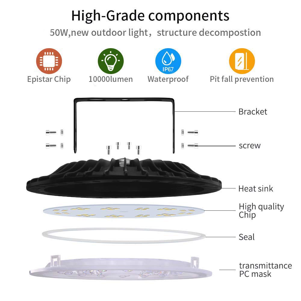 UFO LED High Bay Lights 50W 10000LM - 6000K-6500K Daylight White Ultra Thin Shop Light for Warehouse, Garage, Barn, Workshop, Gym, Factory & Retail Store Lighting