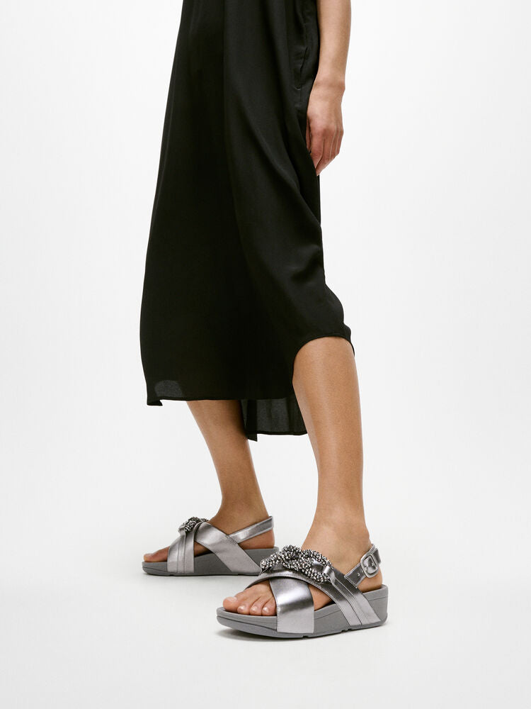 FitFlop Lulu Beaded Chain Leather Backstrap Sandals for Women - Comfortable & Stylish Silver Gladiator Sandals | Perfect for Summer, Beach, and Casual Outings