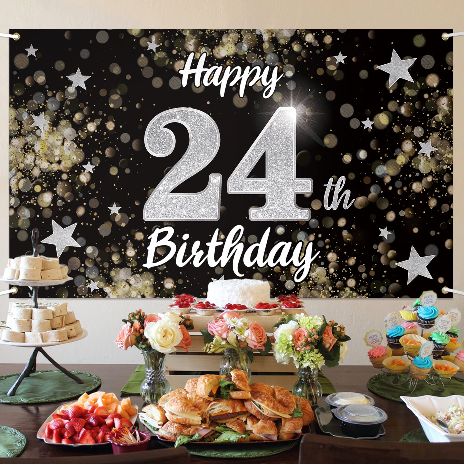 24th Birthday Decorations - Black & Silver Dream Star Large Backdrop Banner for 24 Years Old Party | Perfect for Milestone Celebrations, Photo Booths & Birthday Party Decor