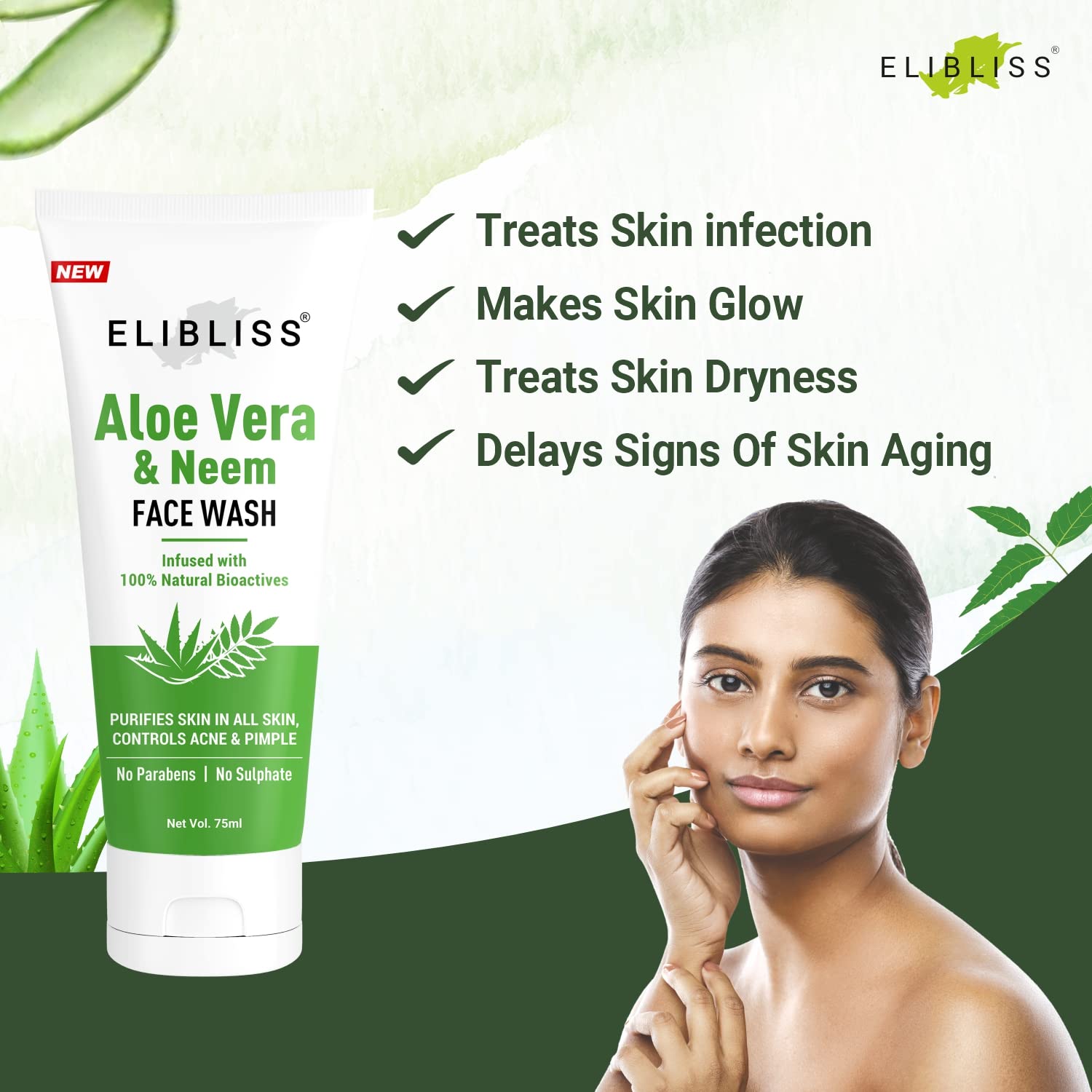 ELIBLISS Aloe Vera & Neem Refreshing Gel Face Wash for Glowing Skin - Gentle Daily Exfoliating Facial Cleanser (Pack of 2) | Hydrating & Soothing for Acne-Prone & Sensitive Skin | Morning & Night Skincare Routine
